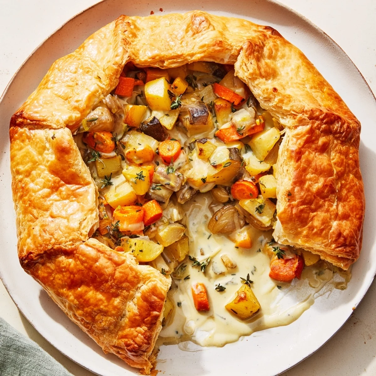 Leftover Roast Vegetable Pie emerges from the oven with crisp crust and tender roasted vegetables inside.