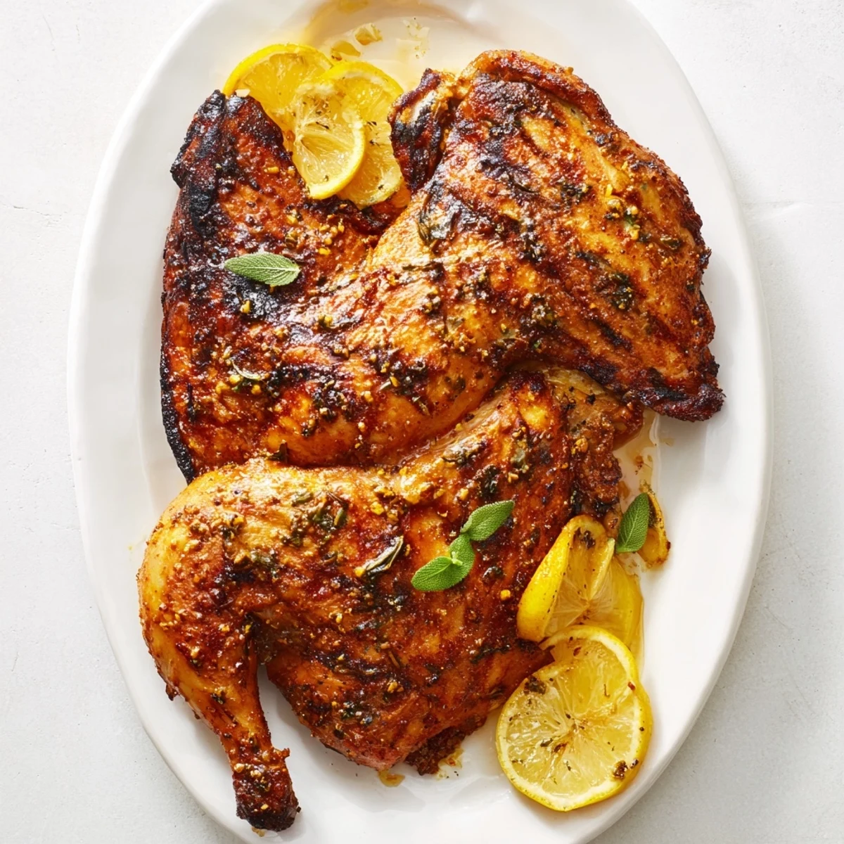 A close-up of BBQ Roast Lemon and Oregano Chicken with crispy golden skin and fresh oregano sprigs.