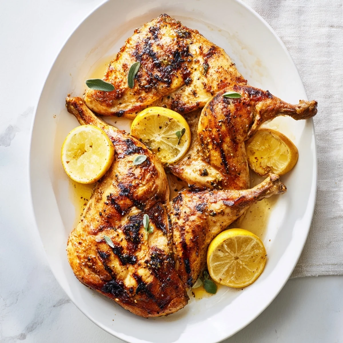 Juicy BBQ Roast Lemon and Oregano Chicken glistening with lemon wedges on a rustic wooden serving platter.