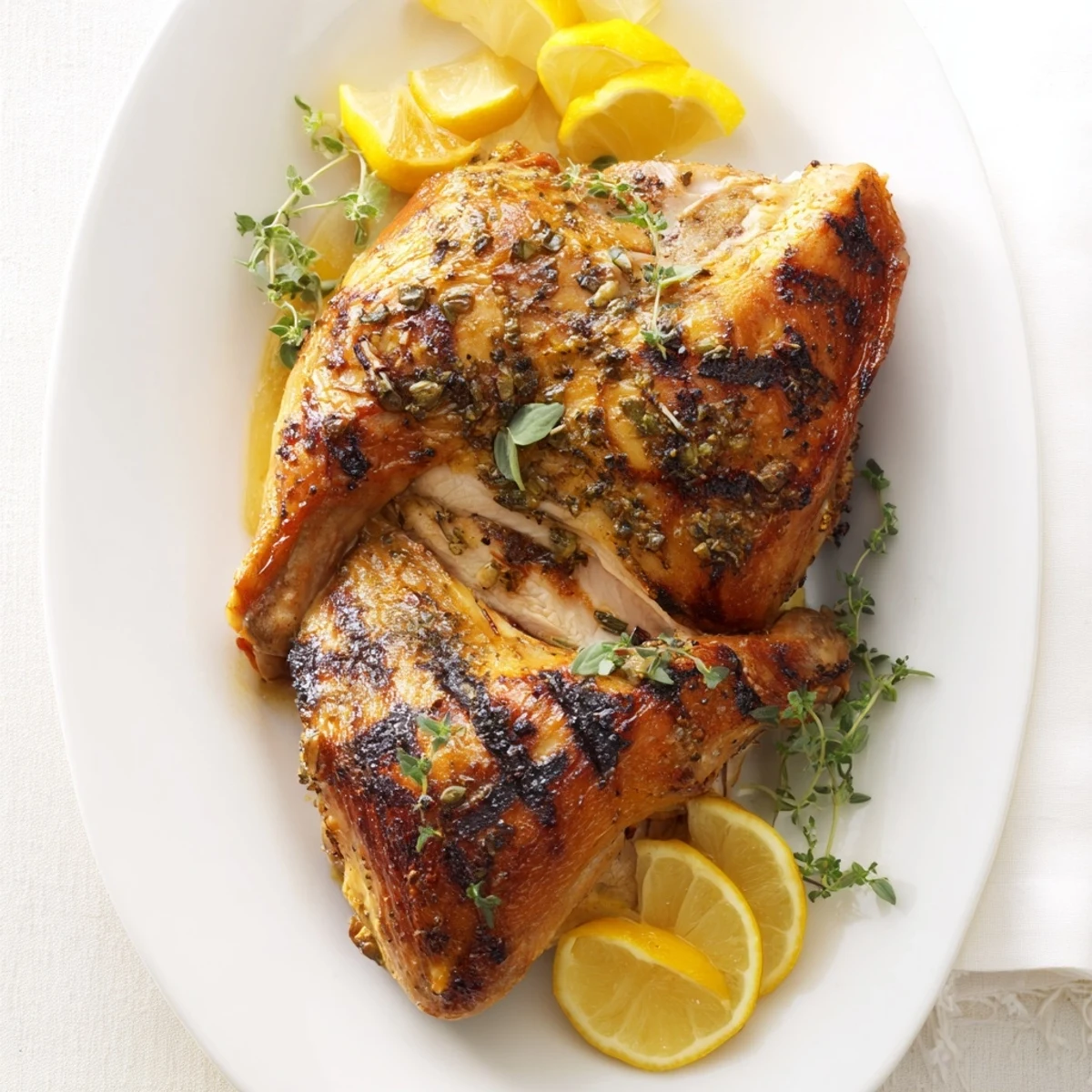 Sliced BBQ Roast Lemon and Oregano Chicken arranged on a plate with roasted vegetables and lemon wedges.