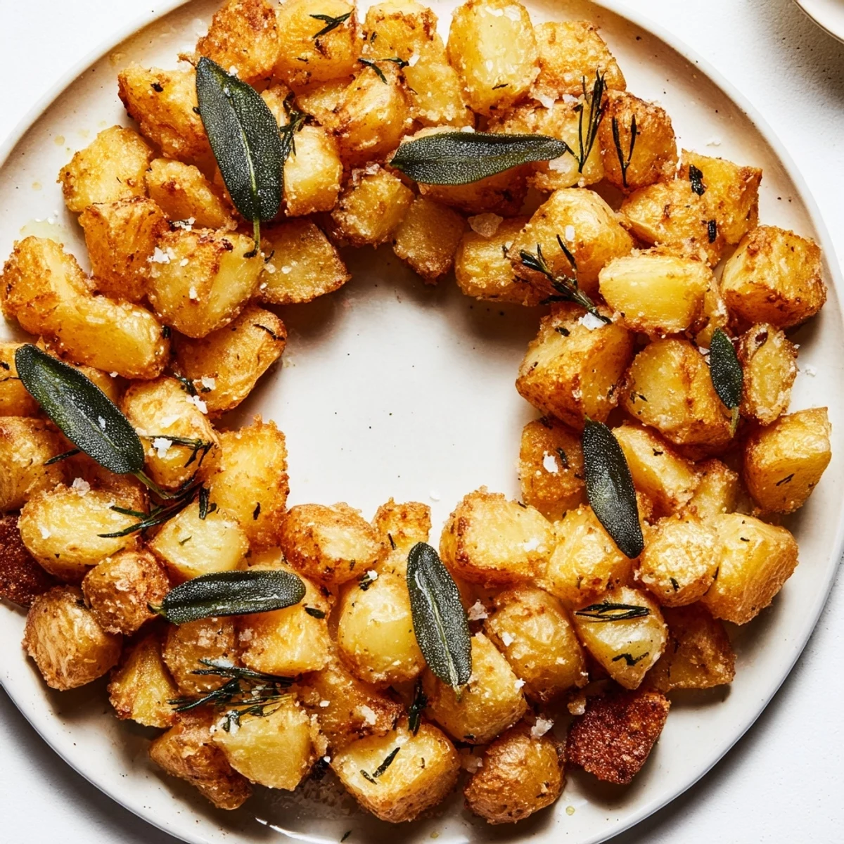 Crispy golden Yukon Gold potatoes roasted with garlic and fresh sage, shaped into a beautiful wreath for a festive holiday side dish.