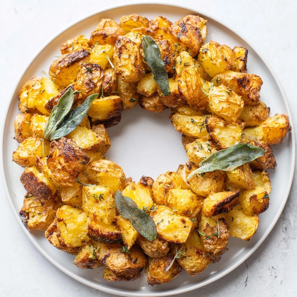 This gluten-free vegetarian wreath recipe features parboiled potatoes baked with butter and olive oil until golden, a perfect festive side dish.