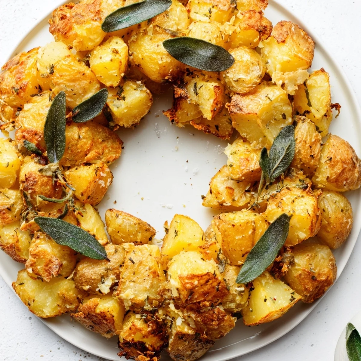 A close-up view shows roasted garlic sage potato wreath with tender interiors and crunchy edges, ready for a holiday table centerpiece.