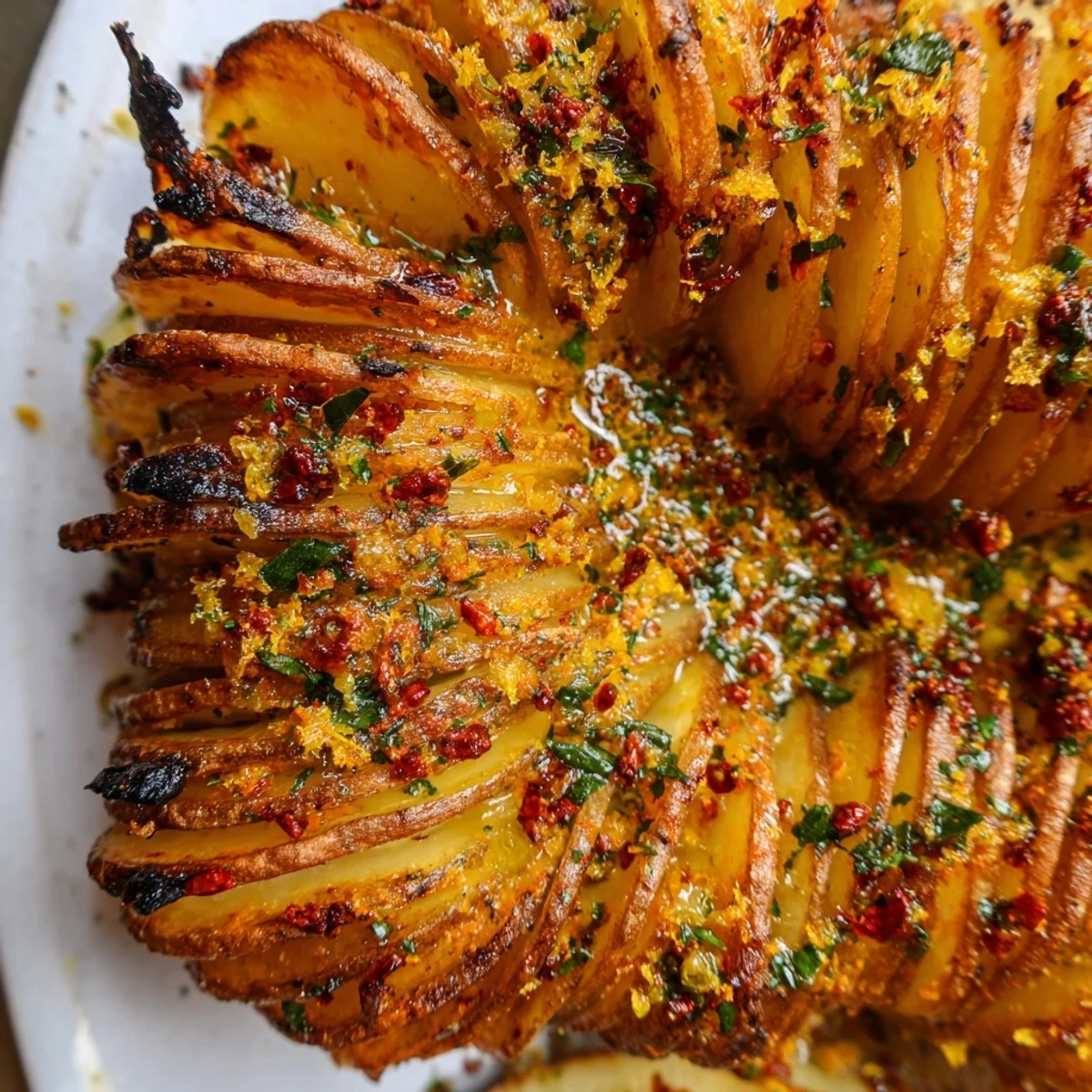 Crispy golden hasselback potatoes roasted with aromatic herb, chilli, and zesty orange butter melting between the slices.