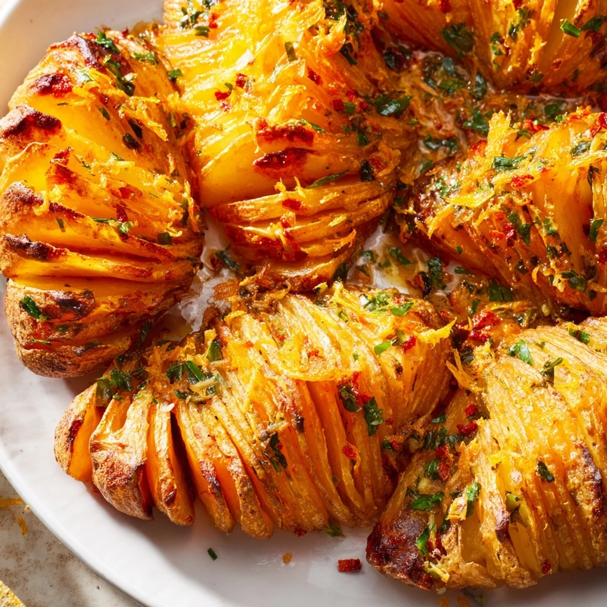 A close-up of perfectly fanned, tender roasted potatoes glistening with melted orange herb chilli butter for a side dish.