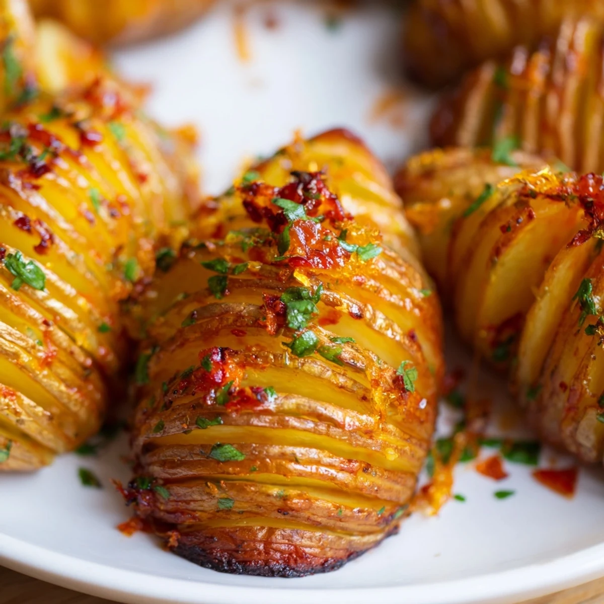 Freshly baked hasselback potatoes served hot with a vibrant orange and herb butter drizzle, perfect for a vegetarian meal.