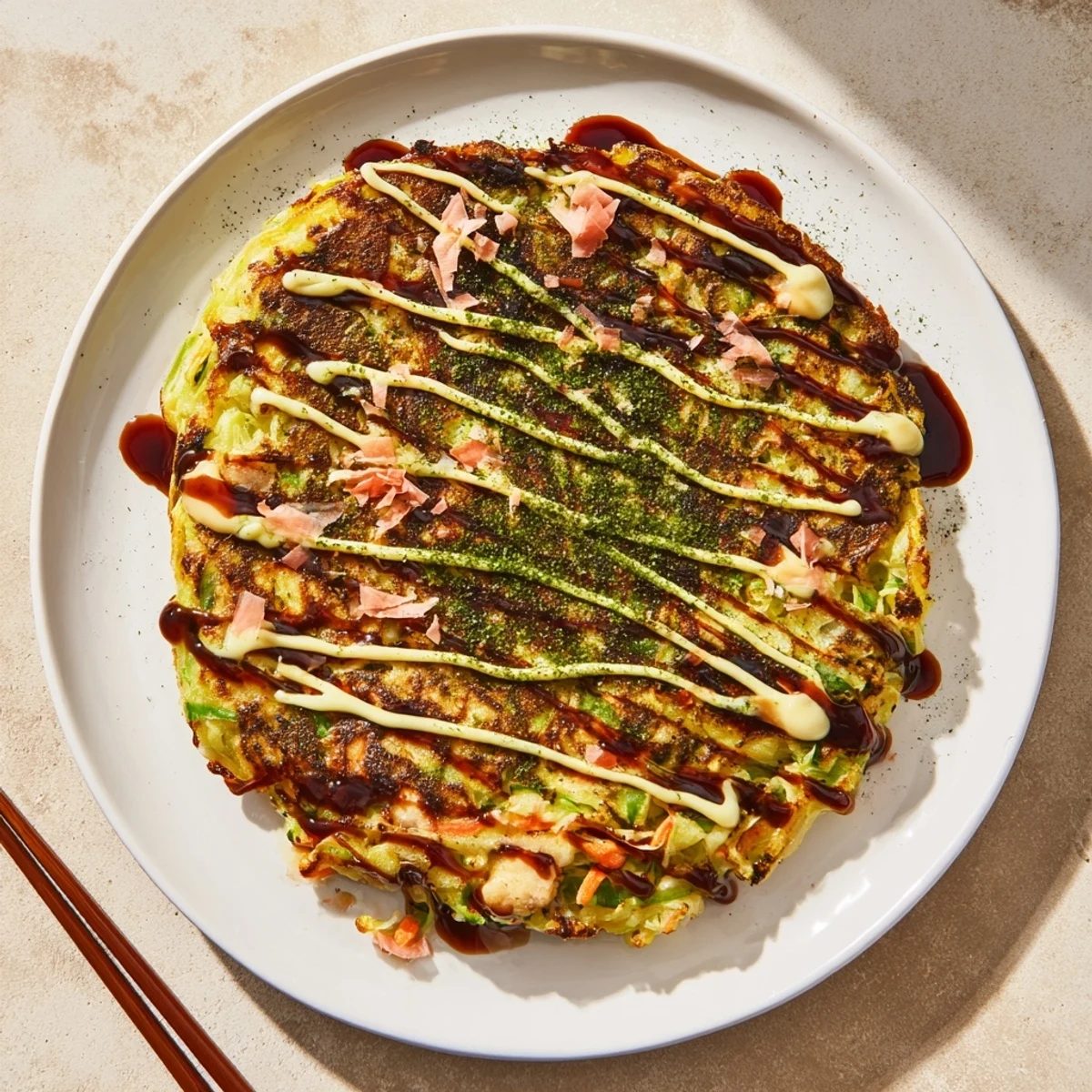 Golden-brown Chicken Okonomiyaki pancake topped with creamy Japanese mayo, tangy sauce, and fluttering bonito flakes, served hot on a plate.