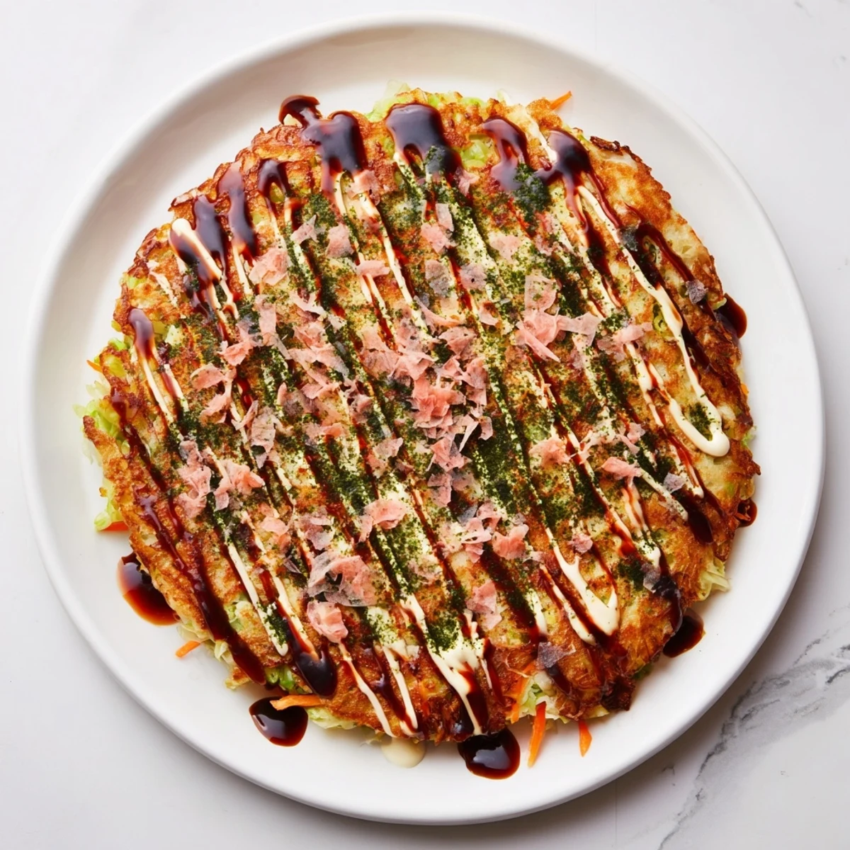 Close-up of a freshly cooked Chicken Okonomiyaki garnished with green onions and aonori, showcasing its crispy edges and soft interior.
