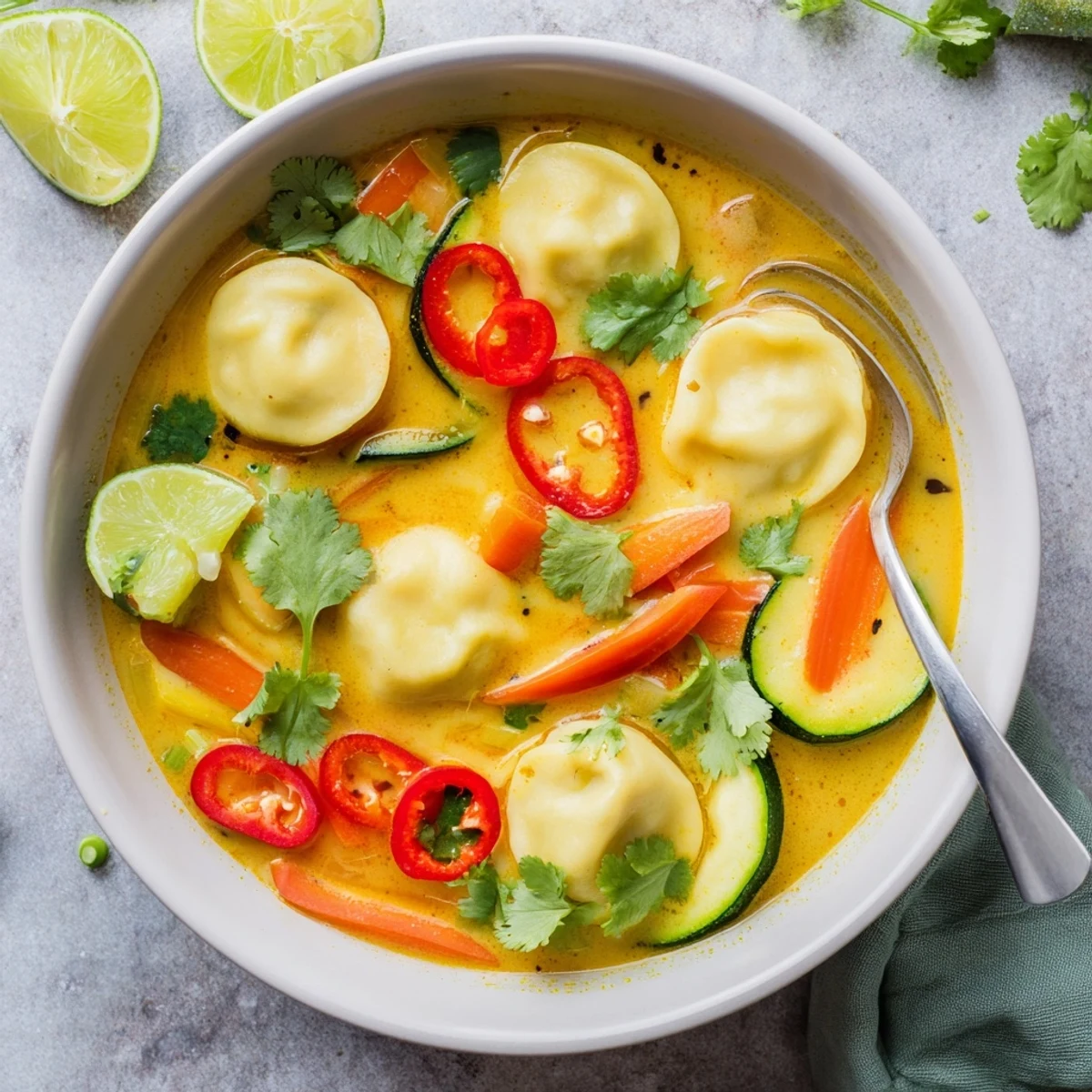 Steaming bowl of Yellow Thai Curry Dumpling Soup with tofu-filled wontons and fresh lime garnish.