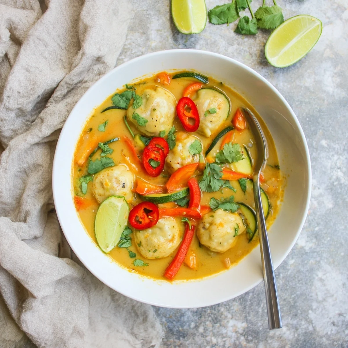 A close-up view of Yellow Thai Curry Dumpling Soup showing vibrant vegetables in rich coconut broth.