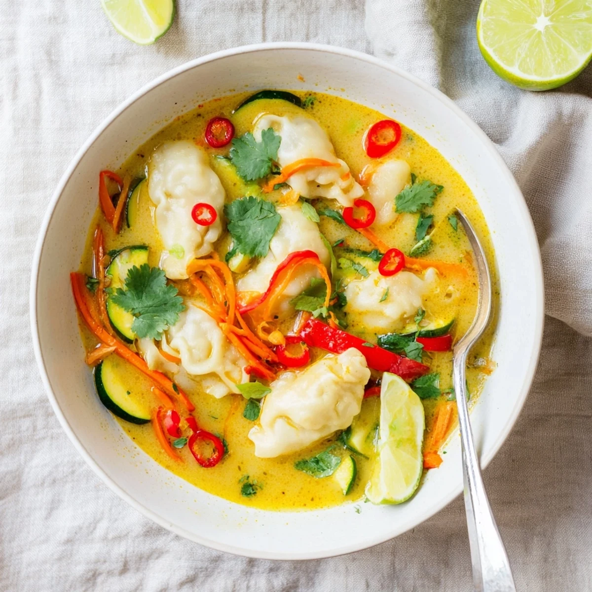 Yellow Thai Curry Dumpling Soup served in a rustic bowl with cilantro and chili slices.