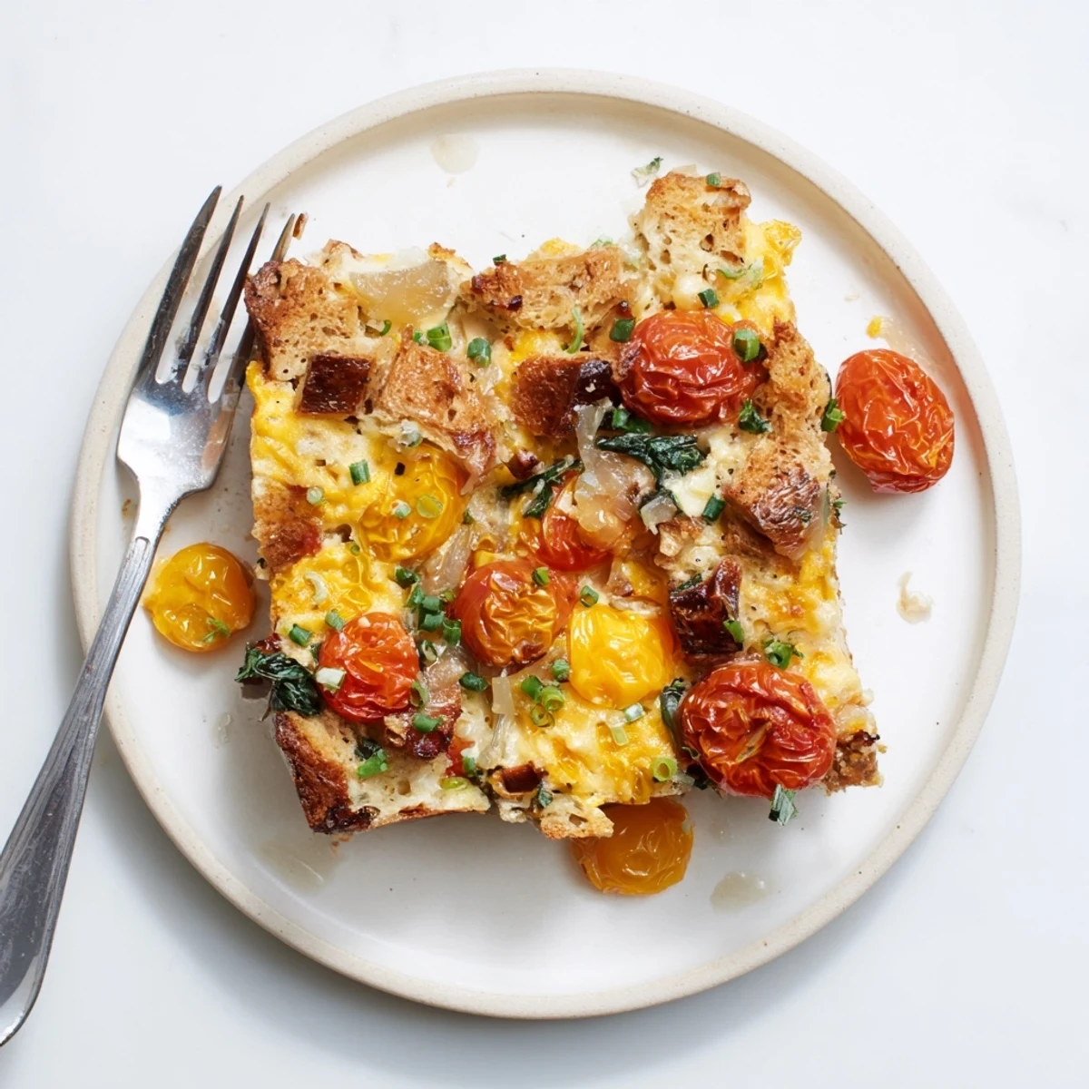 Golden-brown Cheesy Breakfast Strata With Roast Cherry Tomatoes fresh from the oven, with melted cheese bubbling and tomatoes blistered on top.