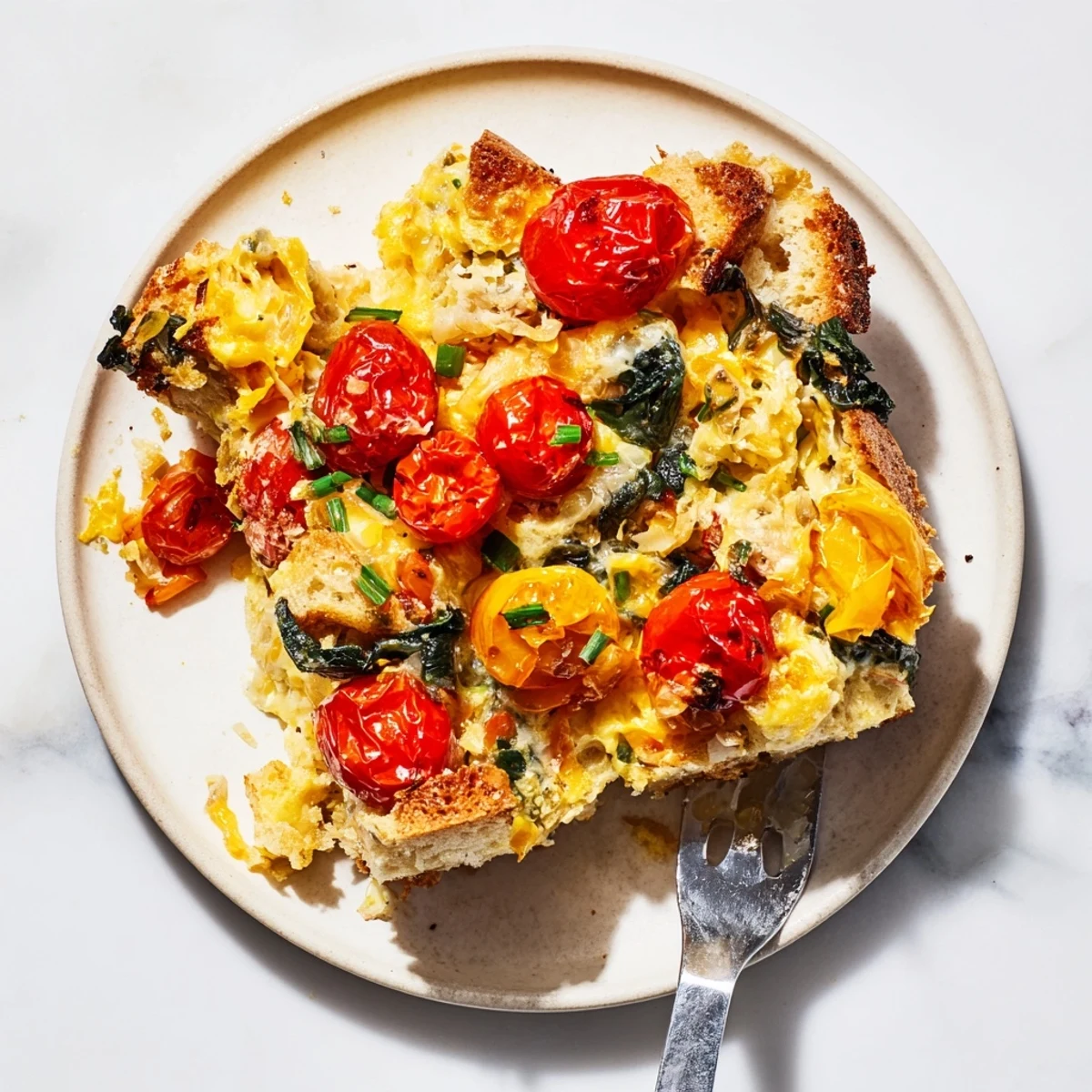 A close-up of Cheesy Breakfast Strata With Roast Cherry Tomatoes served warm, topped with fresh chives beside a steaming cup of coffee.