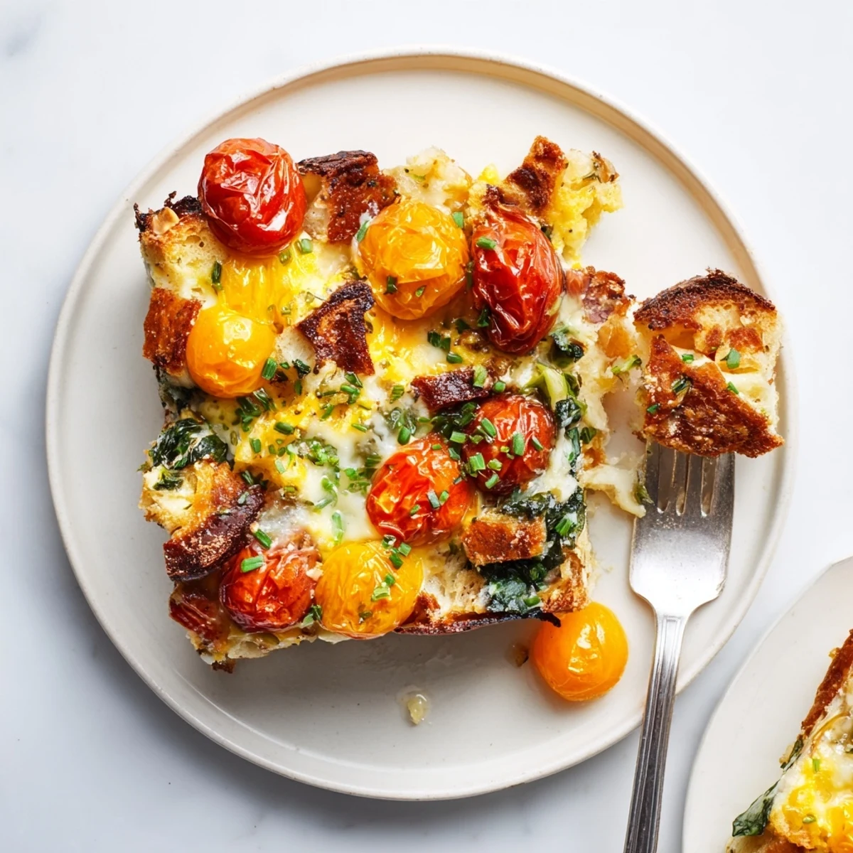 Slices of savory Cheesy Breakfast Strata With Roast Cherry Tomatoes reveal layers of custardy bread, spinach, and onions on a rustic table.