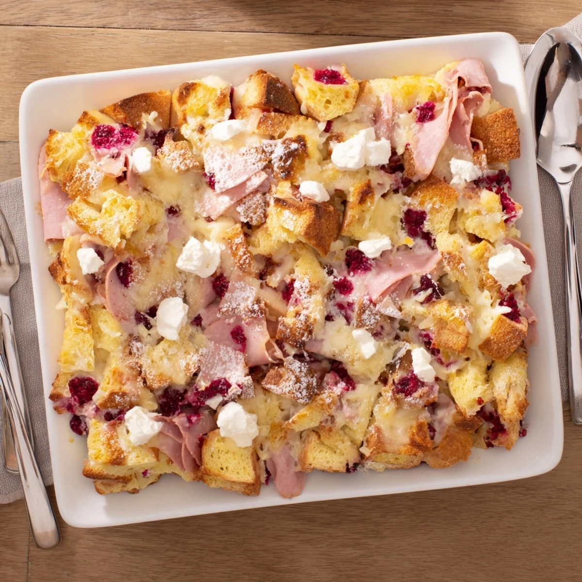 Freshly baked Monte Cristo Breakfast Casserole with golden brioche, diced ham, turkey, and melted Swiss cheese dusted with powdered sugar.