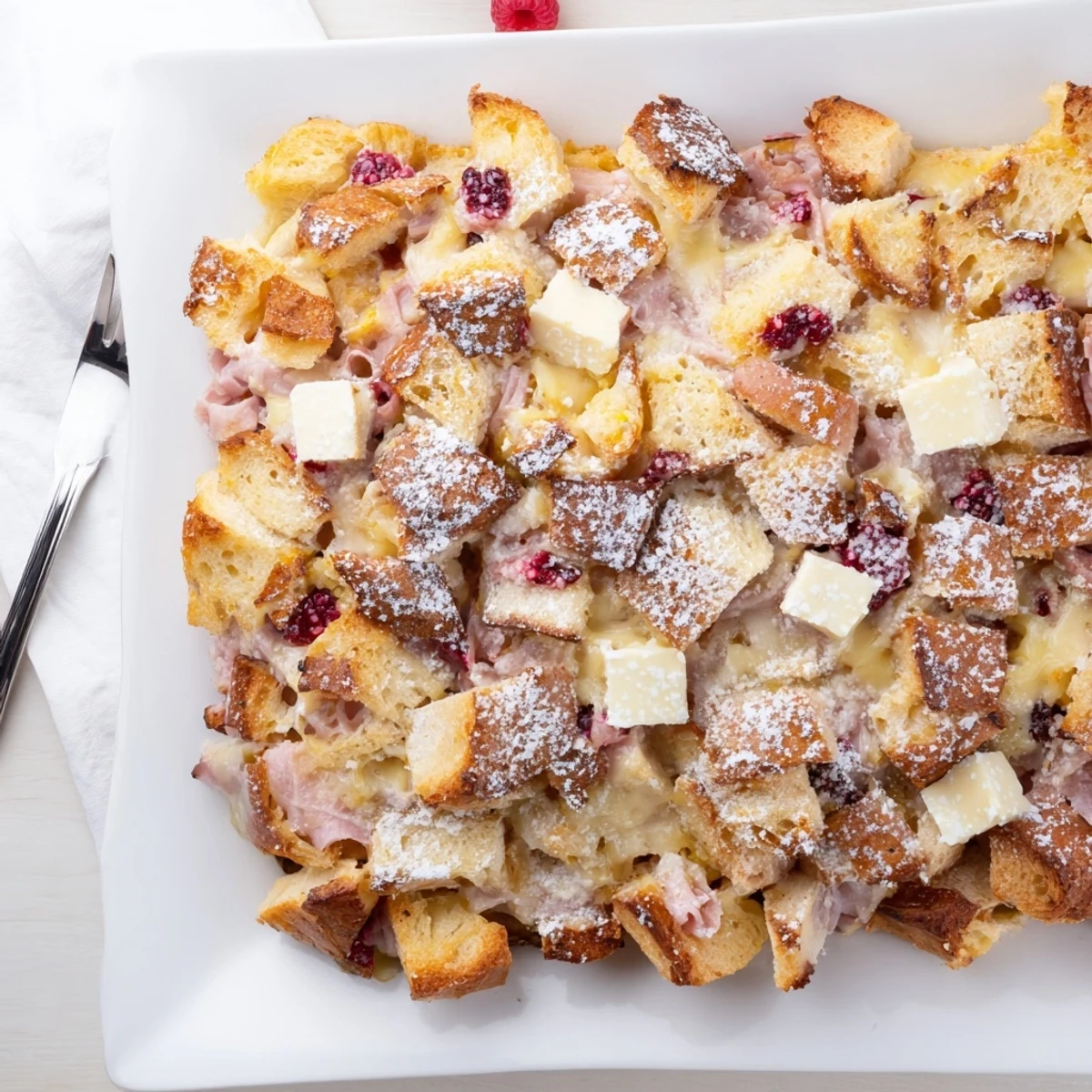 Monte Cristo Breakfast Casserole is served warm with raspberry preserves on the side, showcasing a golden-brown top and soft bread interior.
