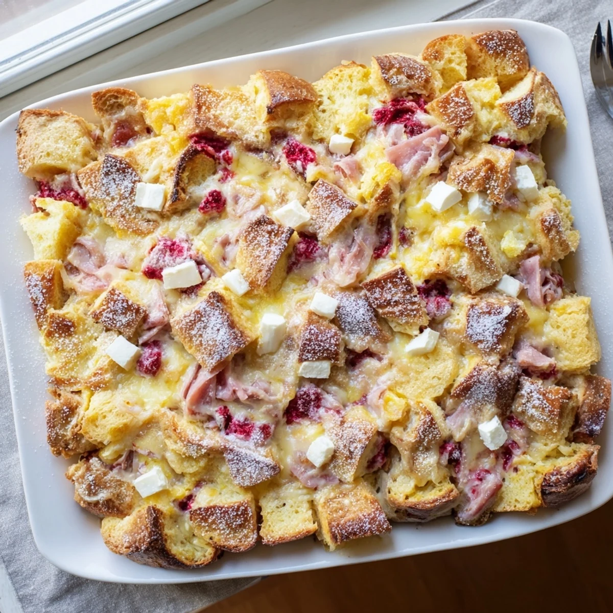A slice of Monte Cristo Breakfast Casserole reveals fluffy egg custard and layers of savory meat, perfect for a weekend brunch plate.