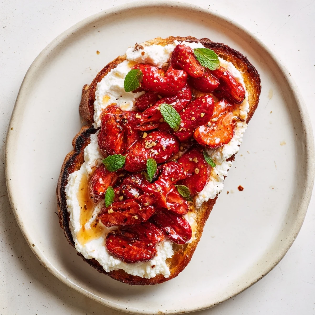 Golden-brown toasted sourdough topped with creamy whipped ricotta and glistening oven-roasted strawberries, drizzled with syrupy juices.