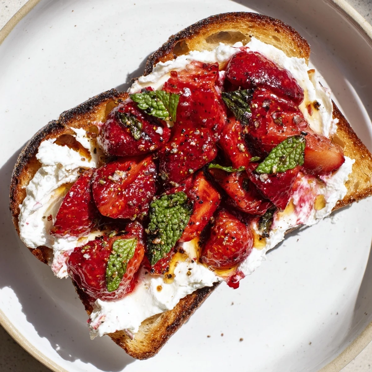 A single slice of Roasted Strawberry Whipped Ricotta Toast garnished with fresh mint and a hint of cracked black pepper.
