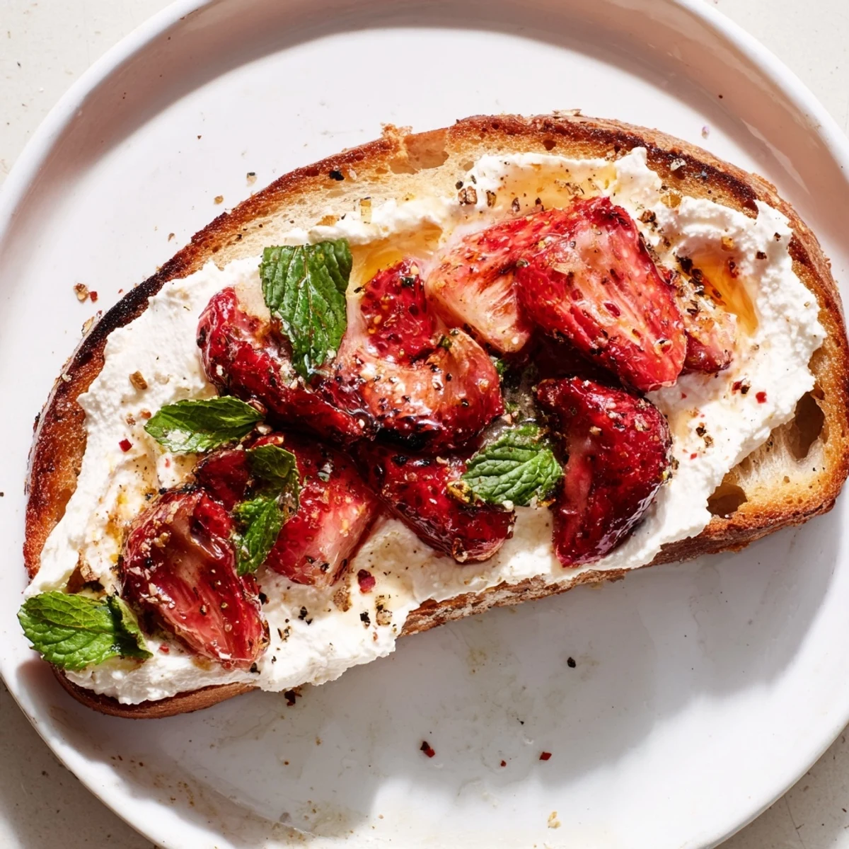 Close-up view of Roasted Strawberry Whipped Ricotta Toast showing sweet, soft berries and fluffy, creamy ricotta on crisp bread.