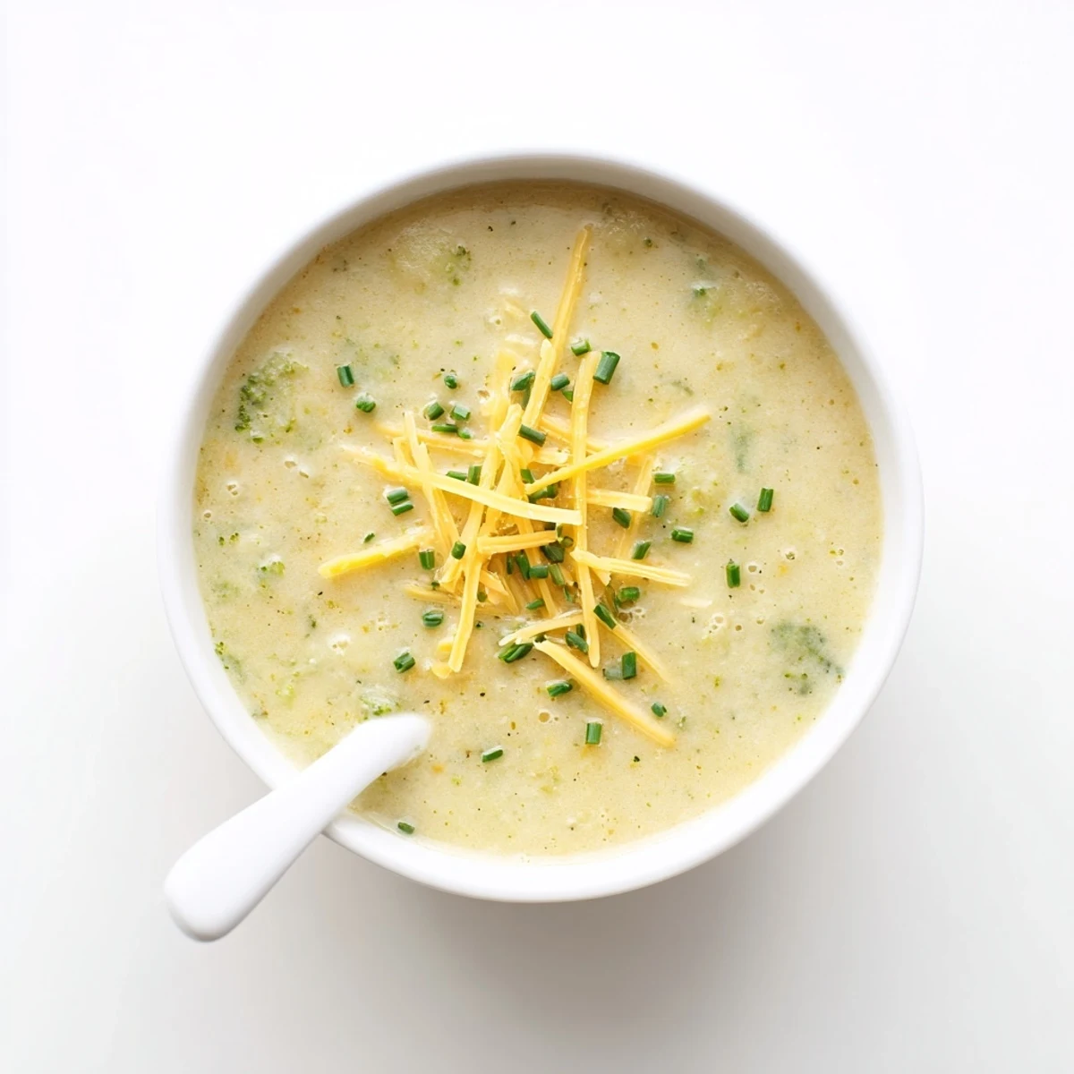A warm bowl of Creamy Cheesy Broccoli Potato Soup garnished with chives, steam rising from the velvety blend.  