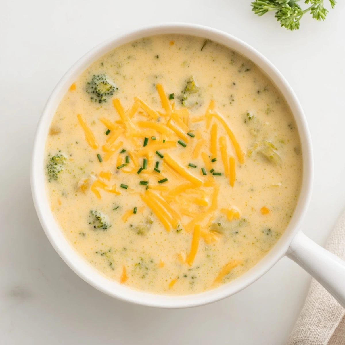 Close-up of Creamy Cheesy Broccoli Potato Soup in a rustic bowl, showing melted cheddar and tender vegetable pieces.  