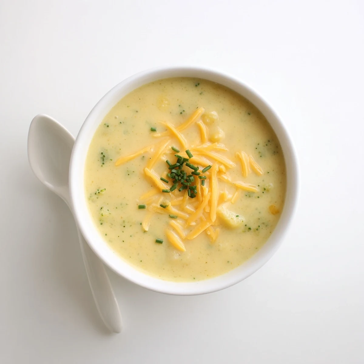 Spoon dipping into Creamy Cheesy Broccoli Potato Soup, revealing the rich, cheesy texture and chunky broccoli-potato mix.