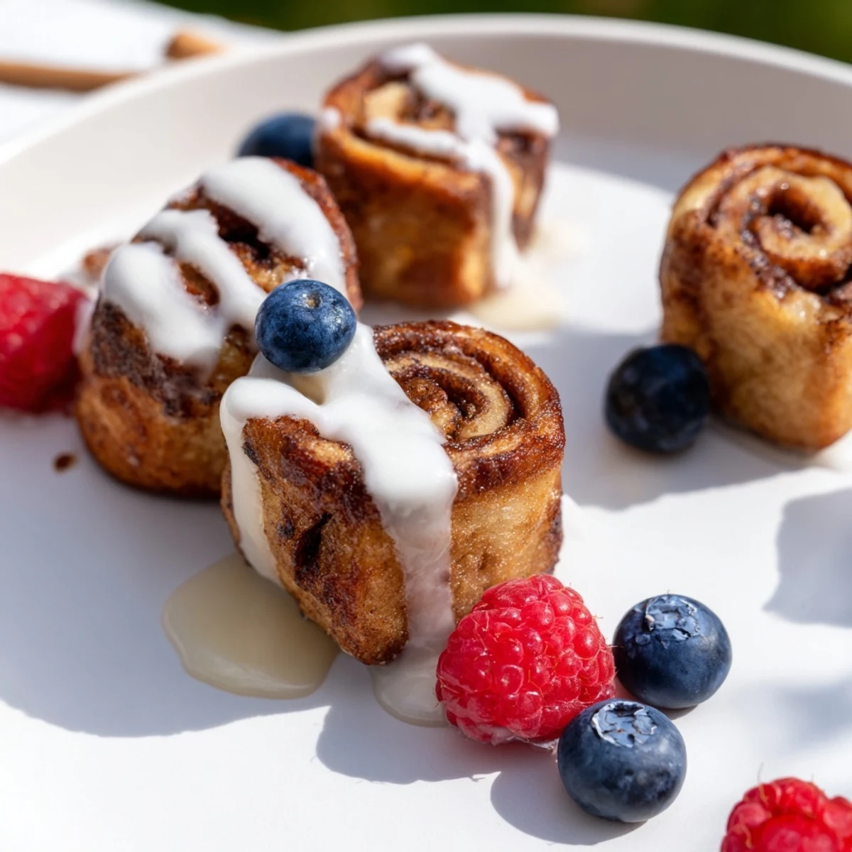Cinnamon Roll French Toast Bites glistening with warm icing and drizzled maple syrup on a plate.