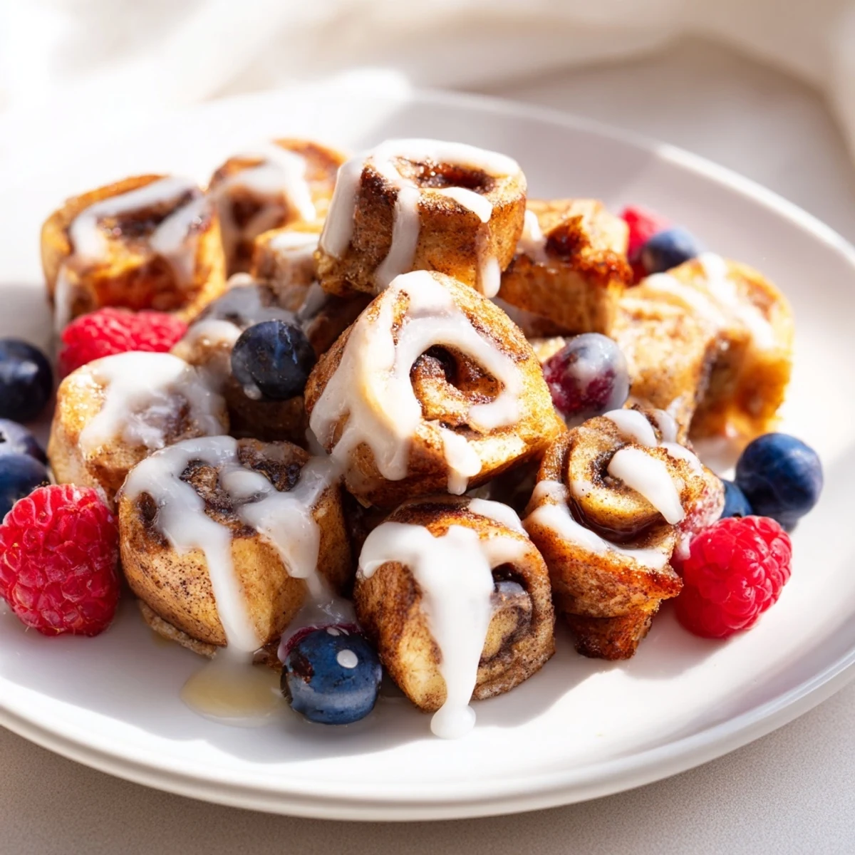 Golden brown Cinnamon Roll French Toast Bites served with fresh berries and a side of syrup.