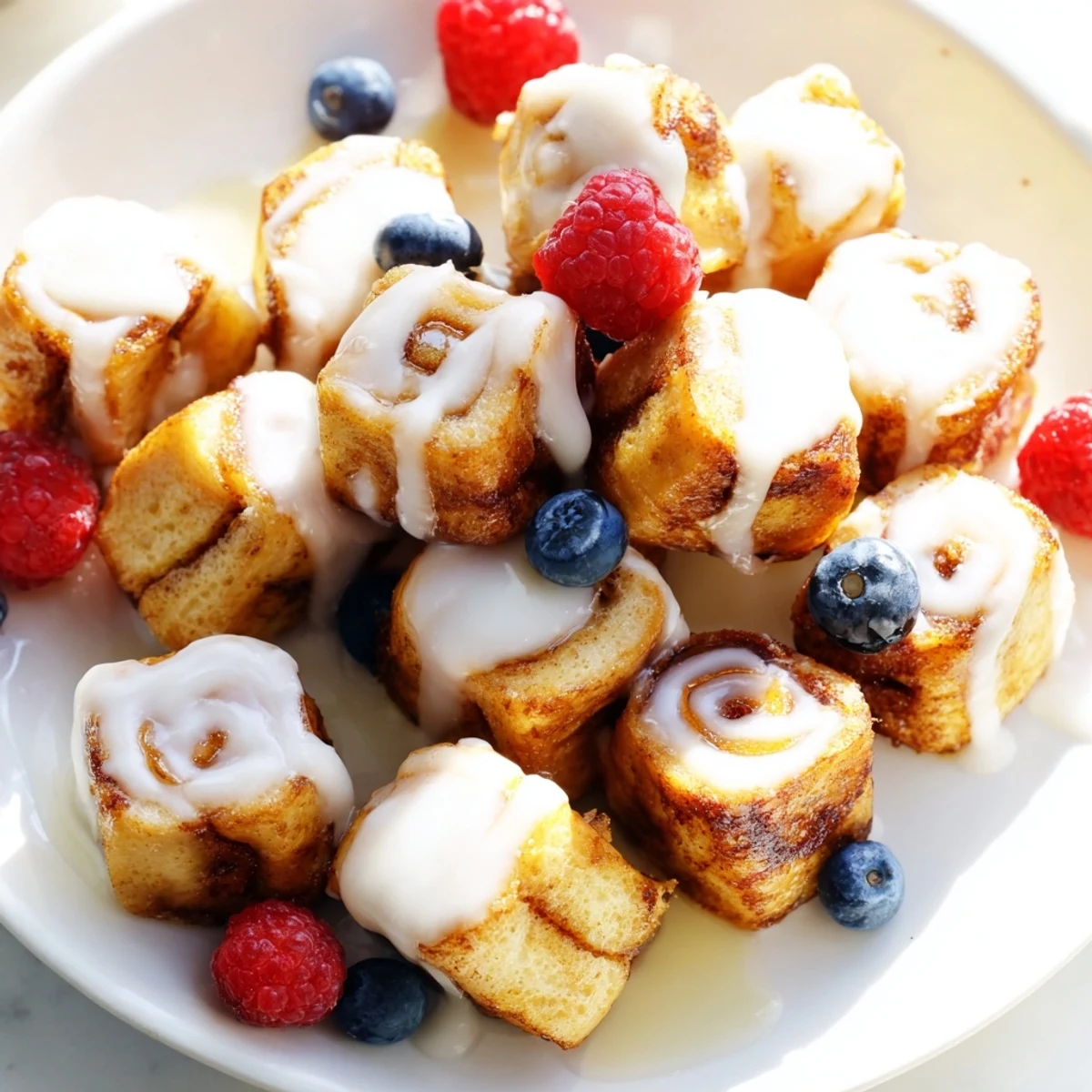 Decadent bite-sized Cinnamon Roll French Toast Bites with a custardy center and soft, fluffy texture.