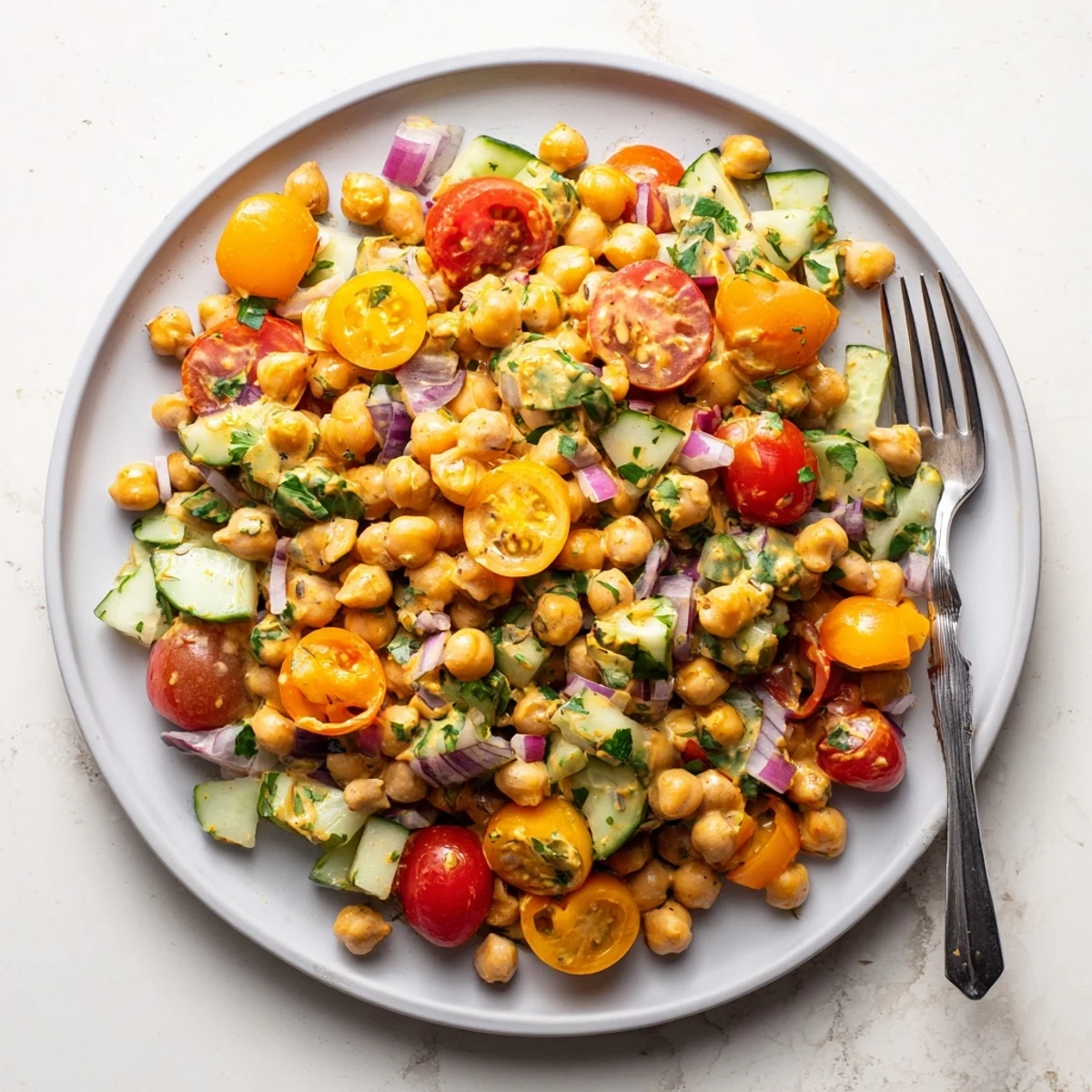 Serving suggestion for Curried Chickpea Salad in a glass bowl, garnished with fresh cilantro, ready for a light lunch or meal prep.