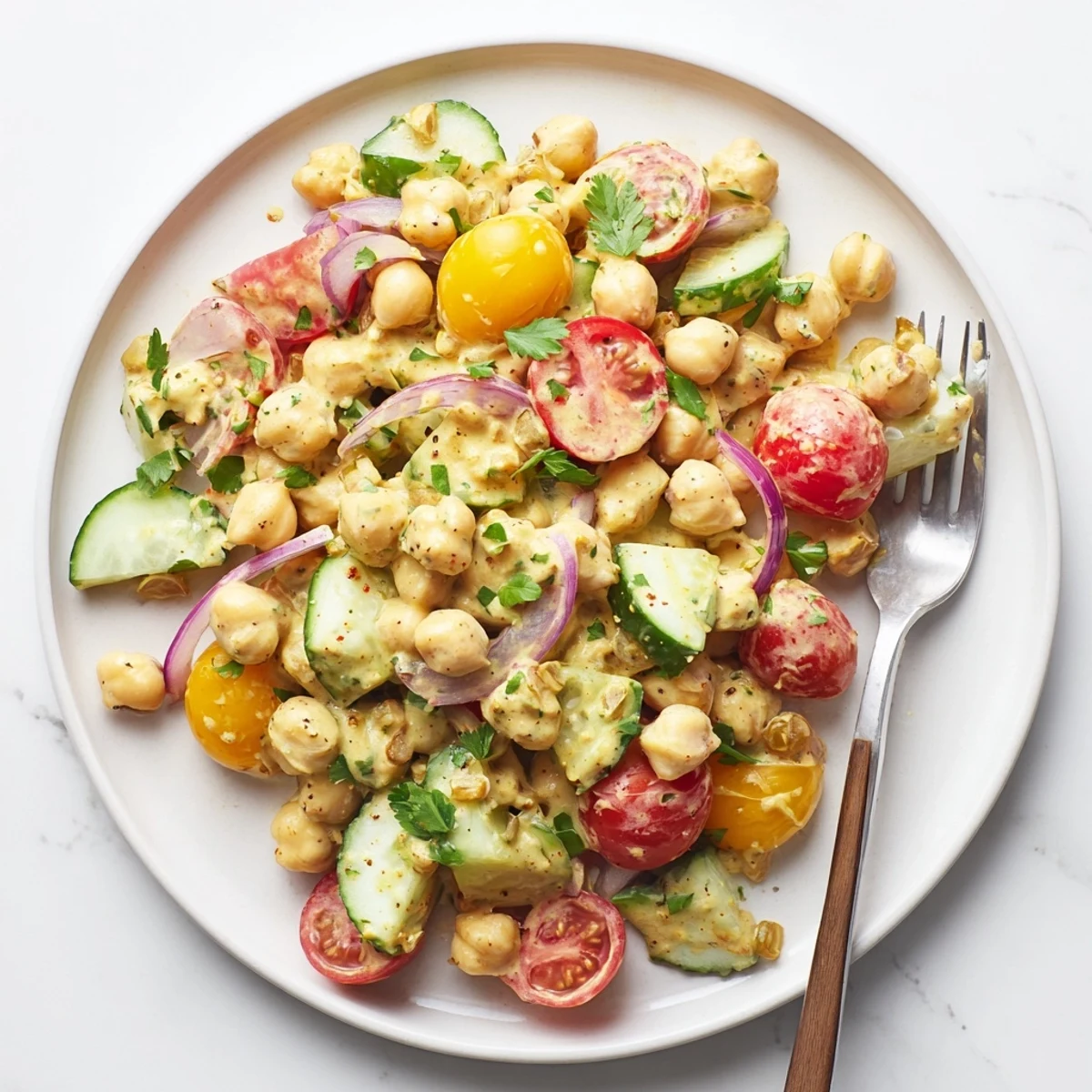 A close-up of Curried Chickpea Salad with creamy dressing coating chickpeas, cucumbers, tomatoes, and red onion on a white plate.