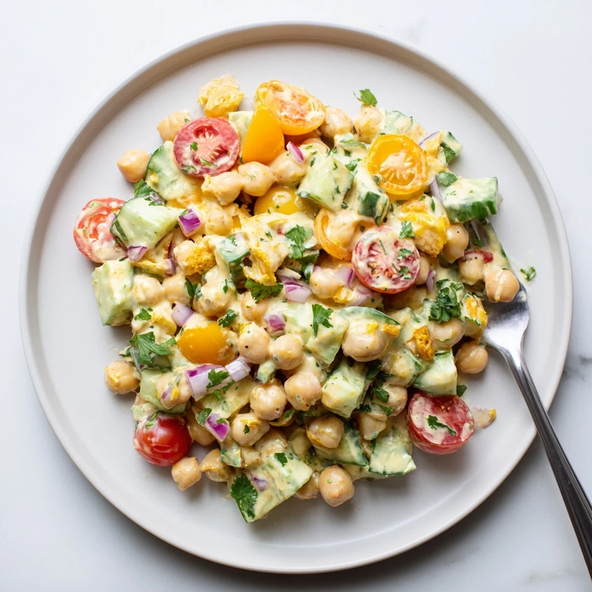 Vibrant vegan Curried Chickpea Salad in a rustic bowl, mixing golden chickpeas, crisp veggies, and curry spices for a flavorful side dish.