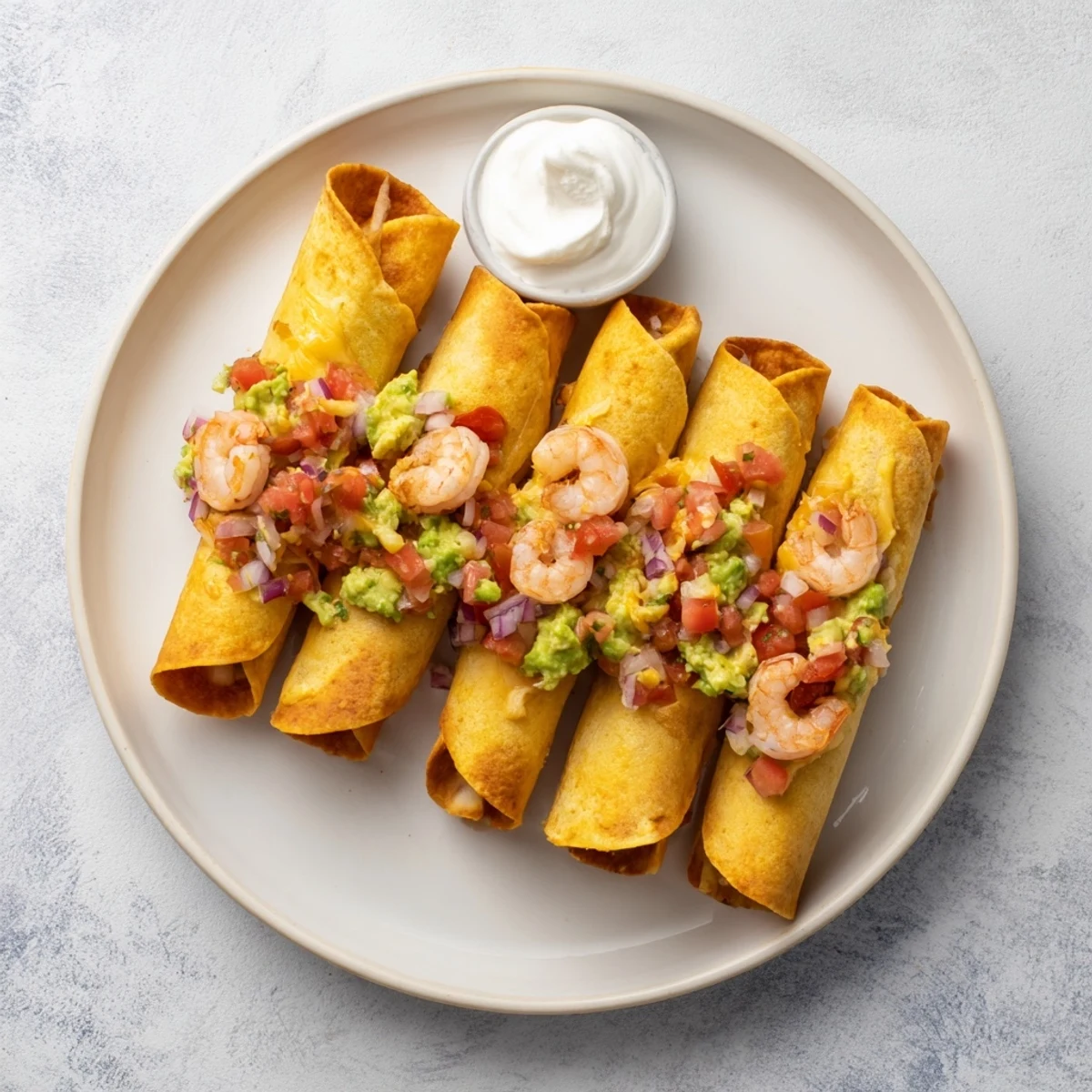 Crispy Shrimp Avocado Taquitos stacked on a plate, golden tortillas filled with succulent shrimp and creamy avocado, served with lime wedges.