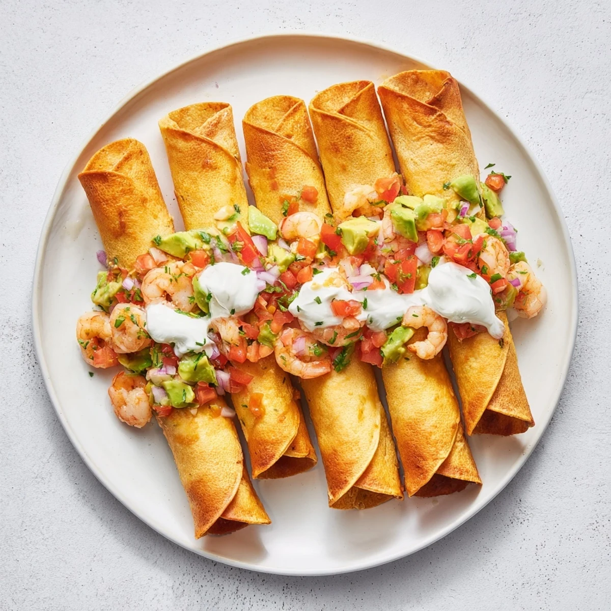 Golden fried Crispy Shrimp Avocado Taquitos arranged beside a small bowl of sour cream and salsa, perfect for a vibrant main dish.