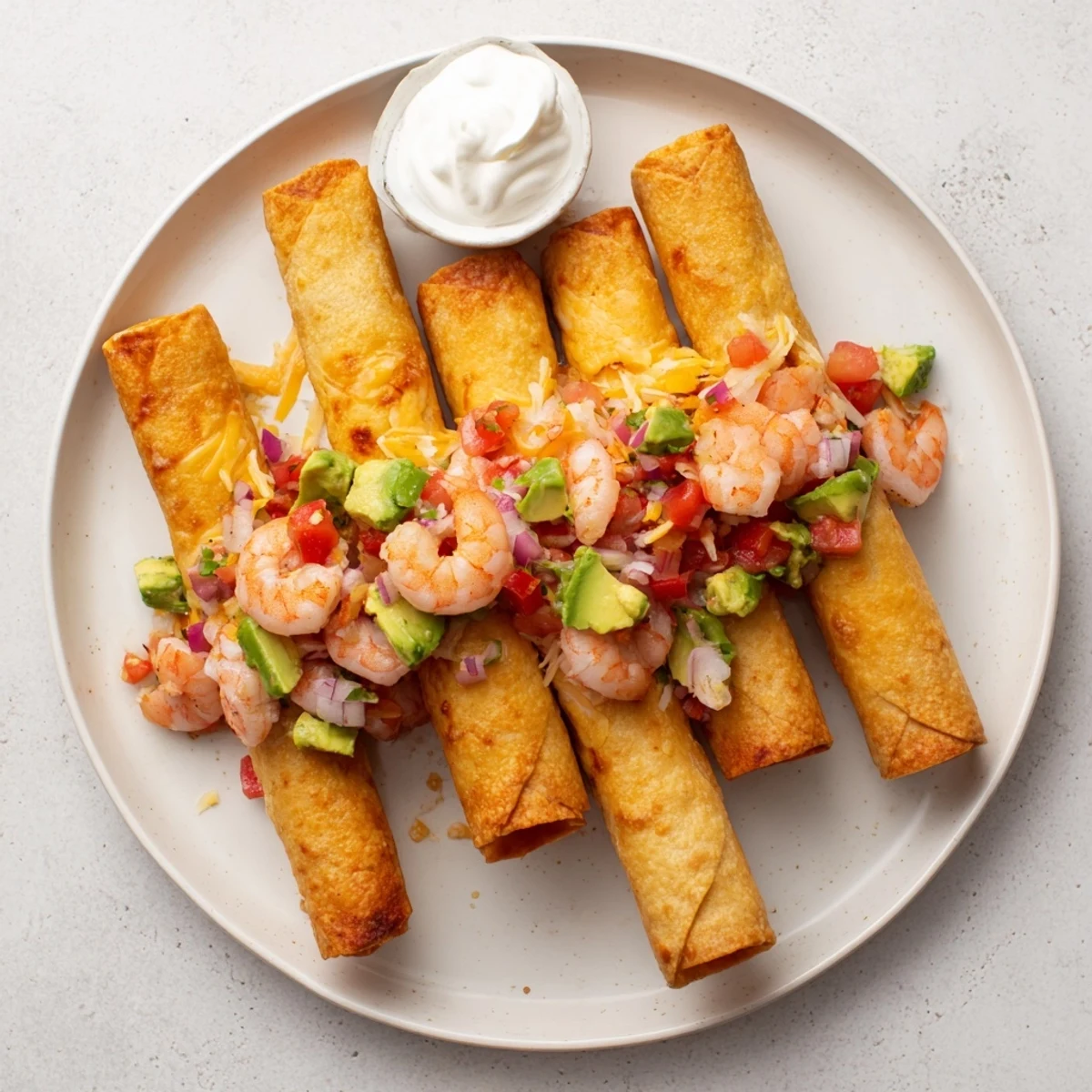 Fresh Crispy Shrimp Avocado Taquitos filled with diced avocado, tomato, and cilantro, garnished with lime slices for a zesty appetizer.