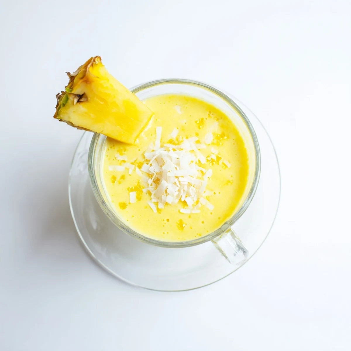 A vibrant glass of Pineapple Coconut Smoothie with ice and a pineapple wedge garnish.
