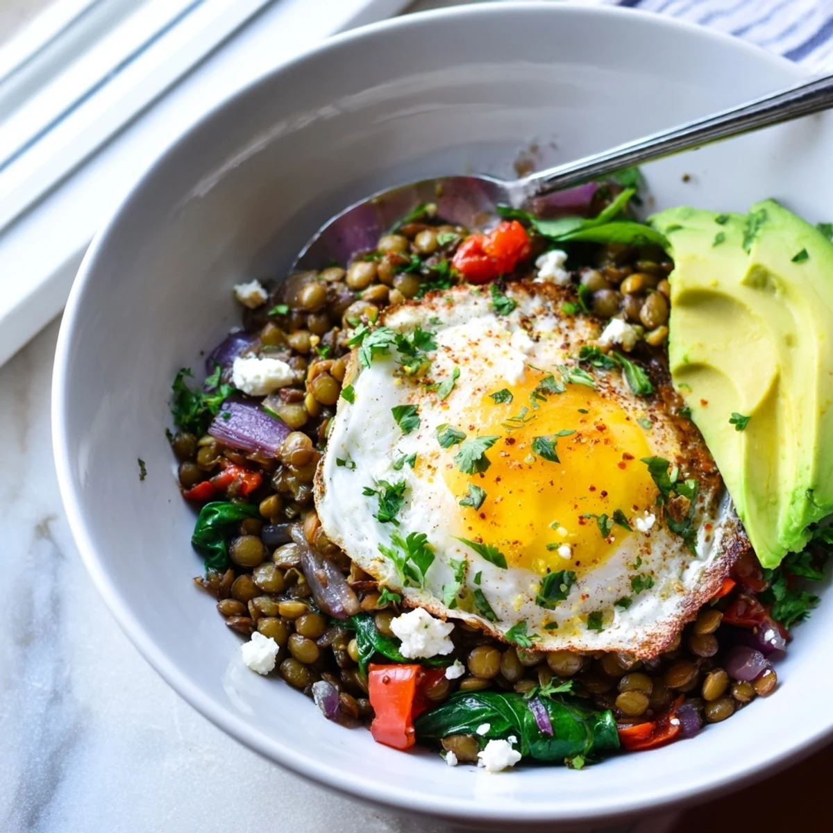 Colorful Savory Lentil Breakfast Bowl with avocado slices and crumbled feta cheese