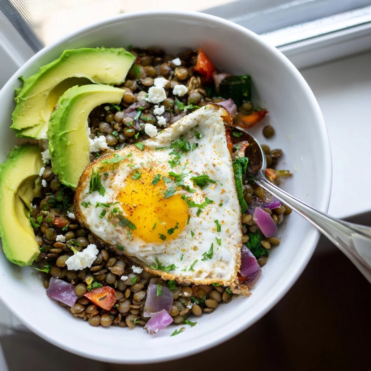 Steaming Savory Lentil Breakfast Bowl topped with a runny egg and fresh herbs