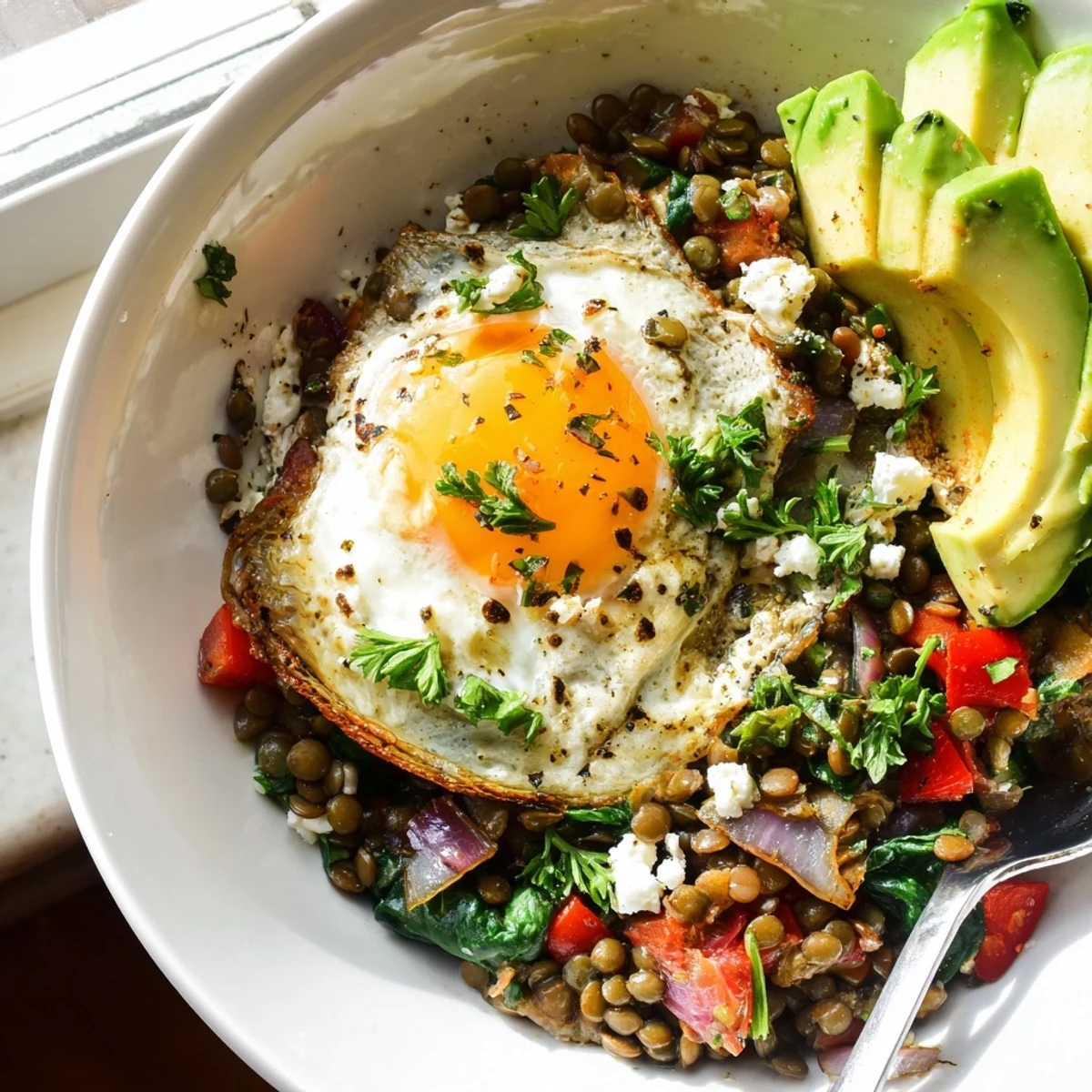 Warming Savory Lentil Breakfast Bowl served alongside toasted bread for a complete meal