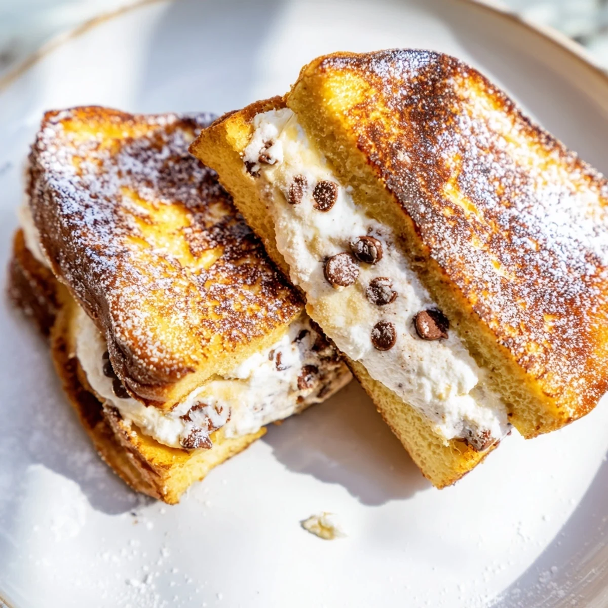 Decadent Cannoli Stuffed French Toast features golden brioche slices with creamy ricotta and chocolate chips.