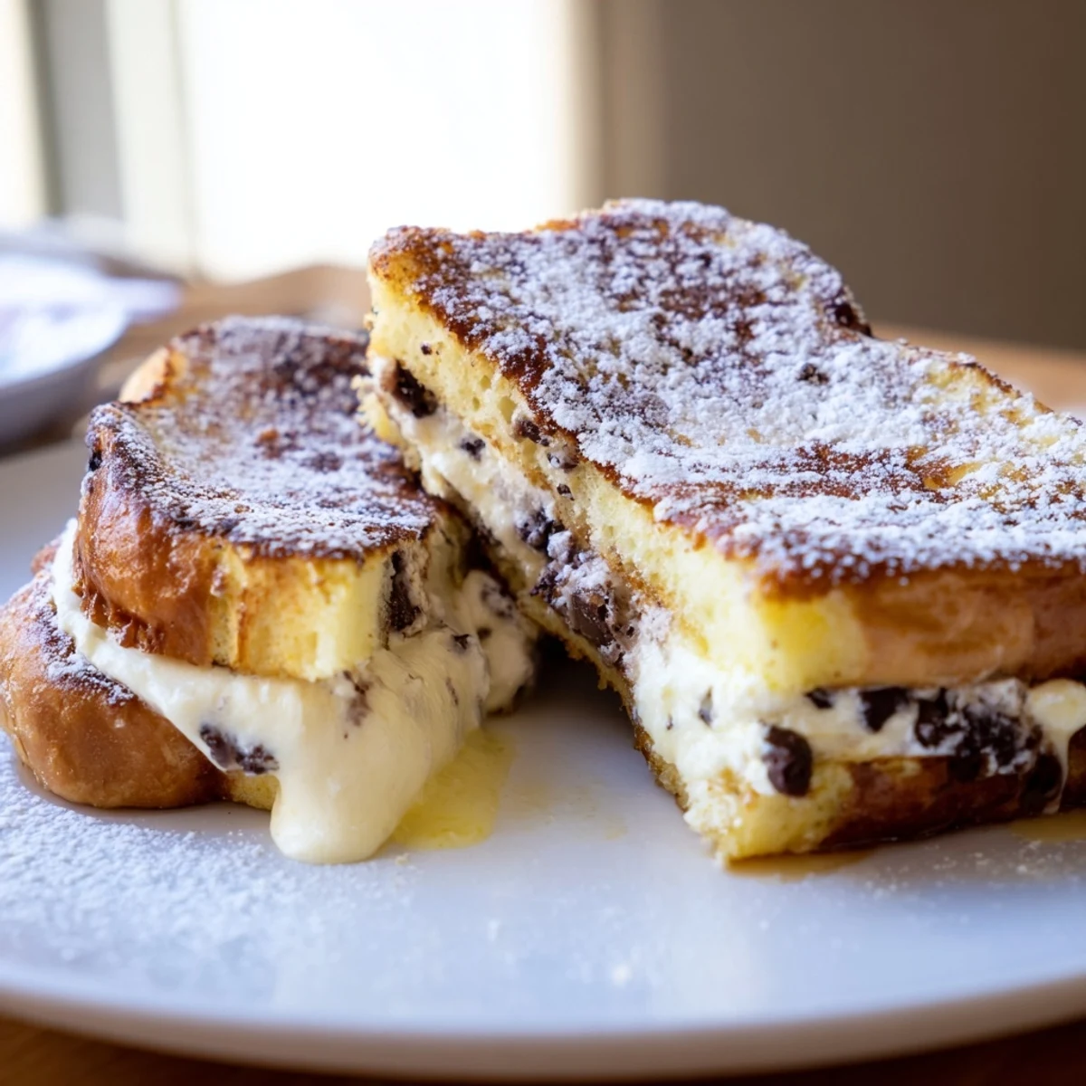 This Decadent Cannoli Stuffed French Toast is dusted with powdered sugar, served warm with maple syrup.