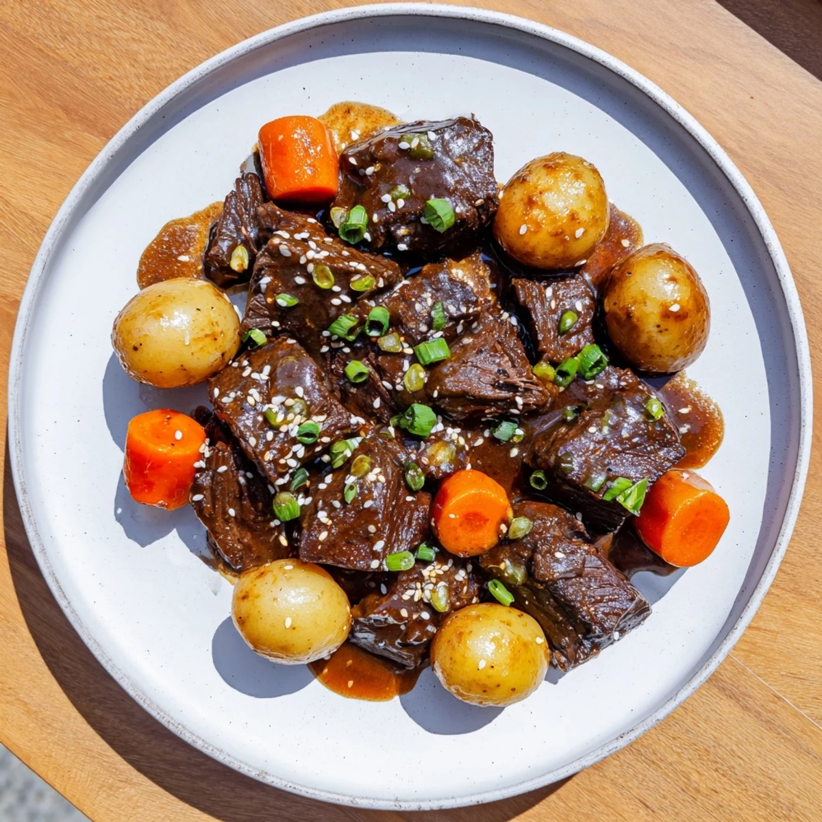 Fork-tender Slow Cooker Korean Beef Pot Roast served with carrots, potatoes, and savory soy garlic gravy for a family dinner.