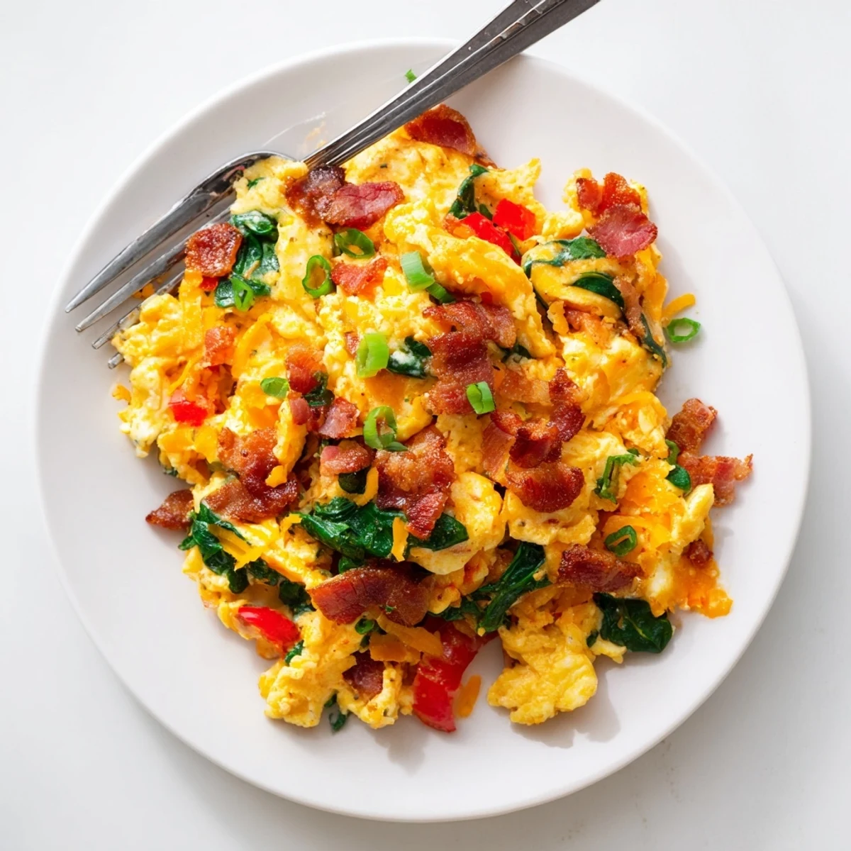 Fluffy Loaded Scrambled Eggs with melted cheddar, crispy bacon crumbles, and fresh sautéed vegetables on a plate.