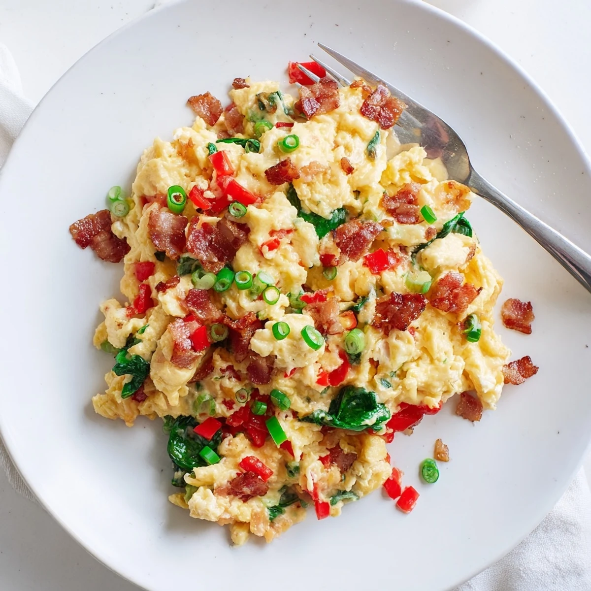 Hearty Loaded Scrambled Eggs garnished with green onions, served alongside buttery toast for a perfect American breakfast.