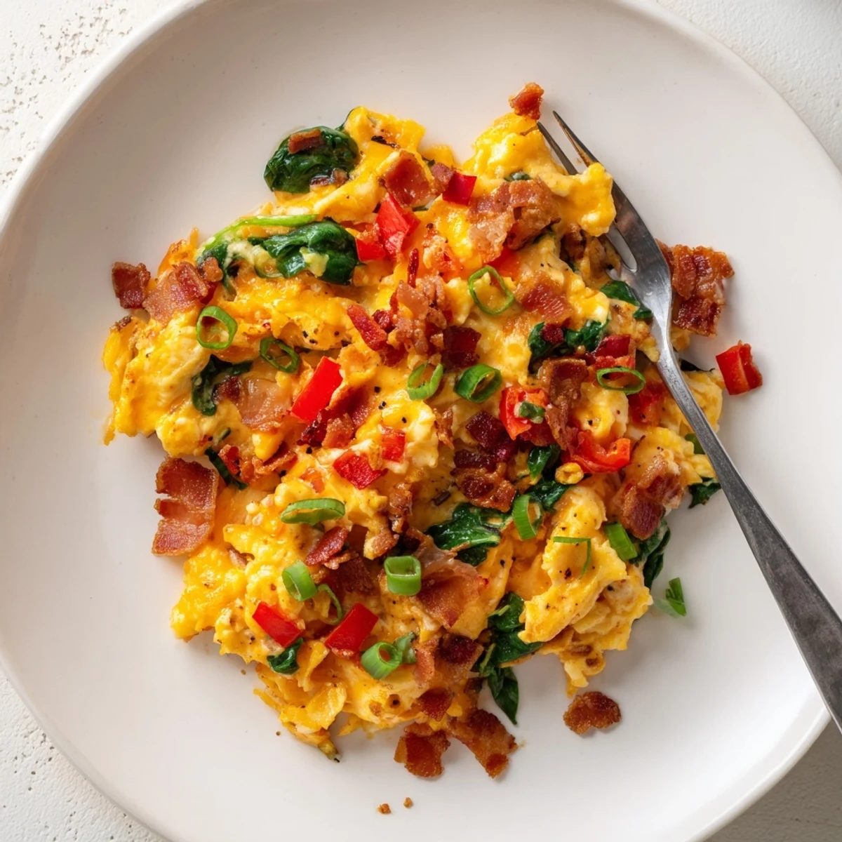 Savory Loaded Scrambled Eggs featuring vibrant red bell peppers and spinach, steaming hot in a white ceramic bowl.
