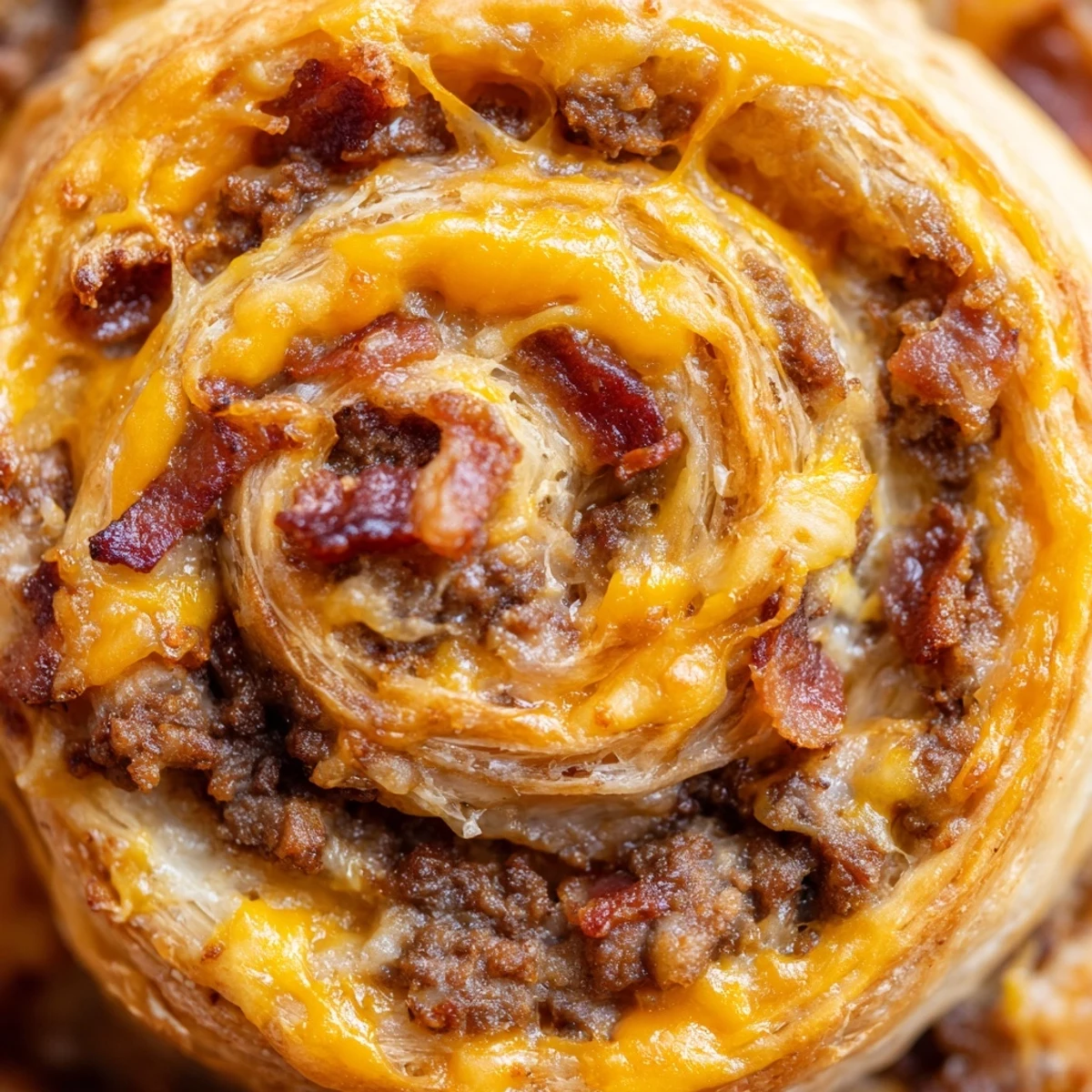 Golden, flaky Cheesy Bacon Burger Rollups Puff Pastry Appetizer emerge from the oven on a baking sheet.