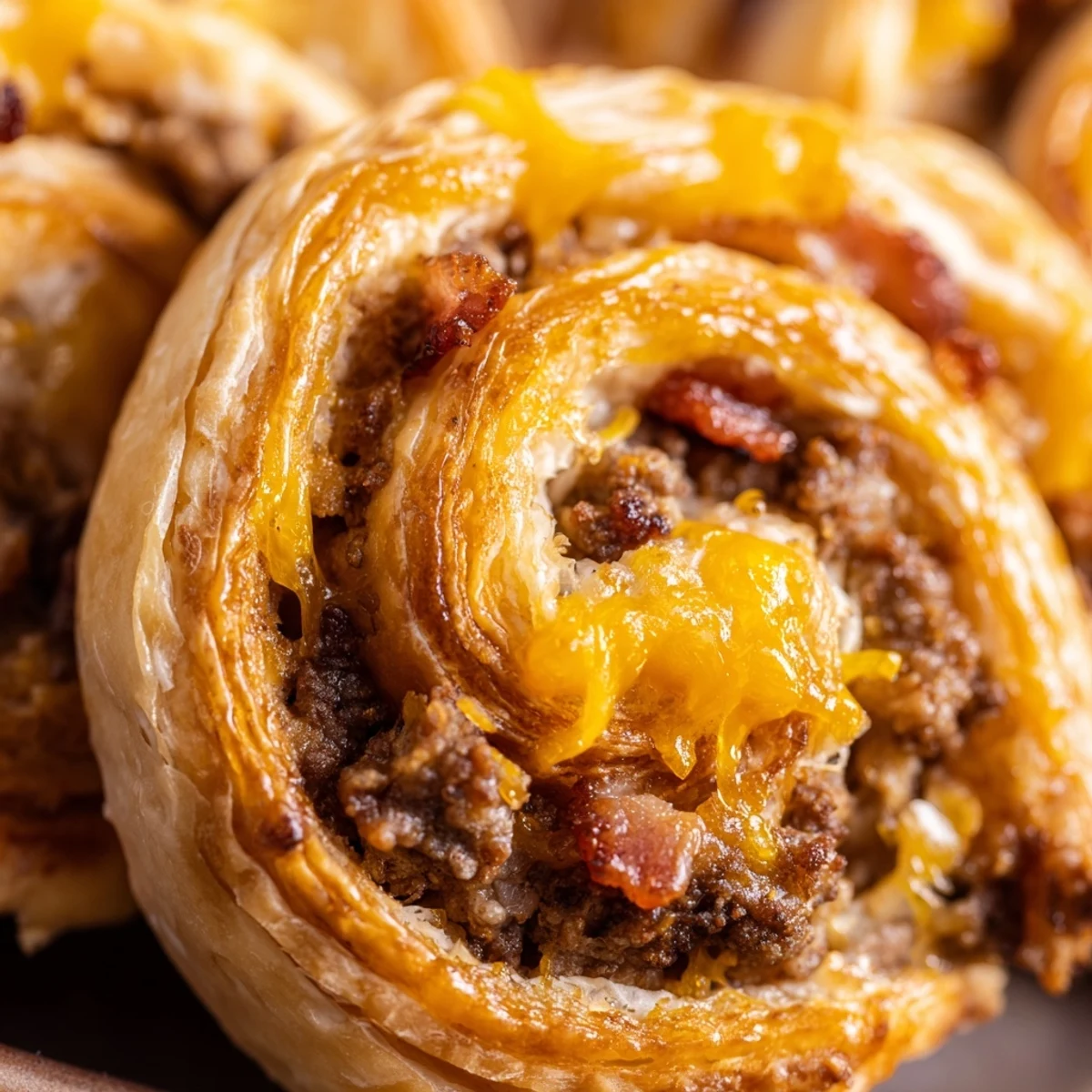 Serving suggestion shows a platter of Cheesy Bacon Burger Rollups Puff Pastry Appetizer with dipping sauce.