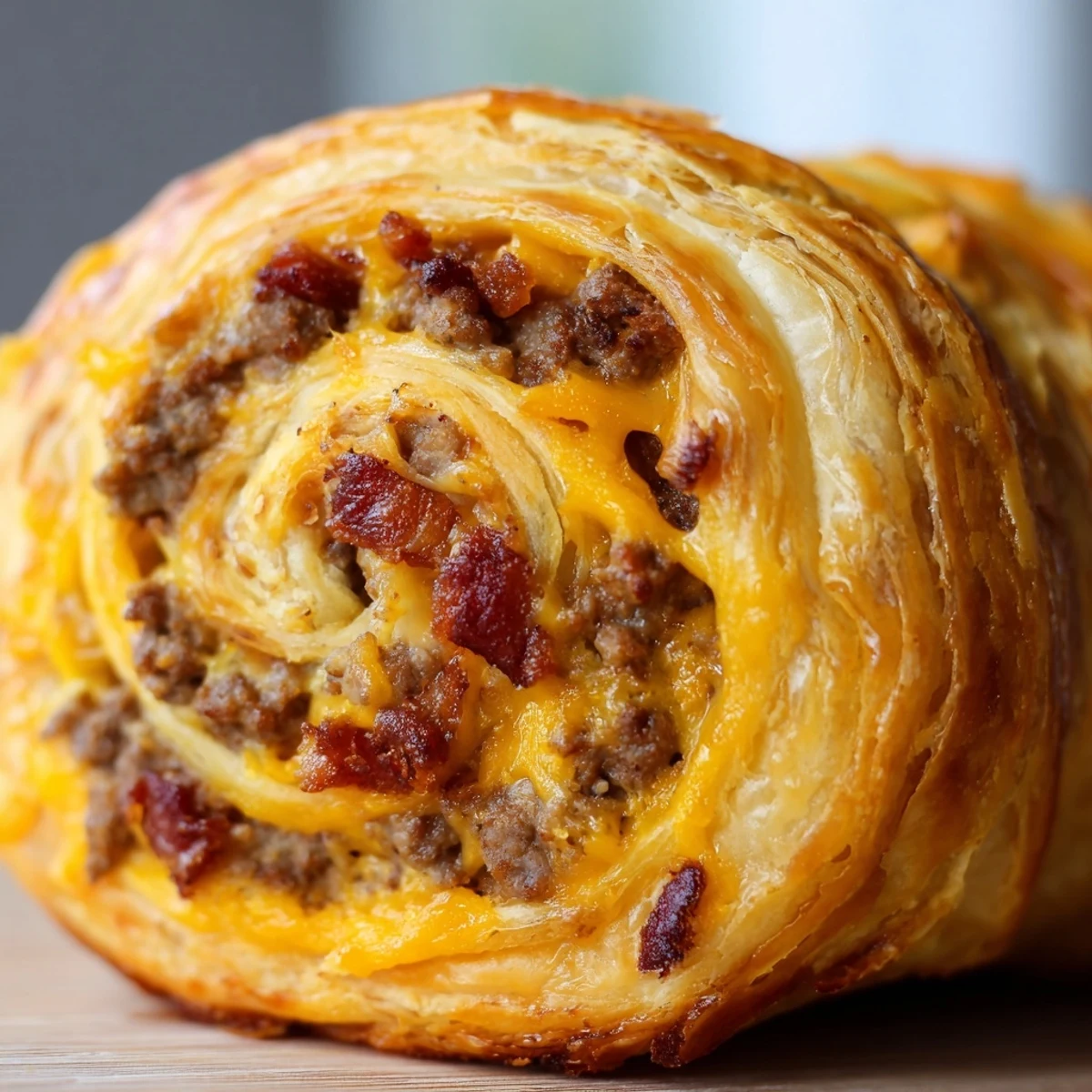 Close-up of a hand holding a warm Cheesy Bacon Burger Rollups Puff Pastry Appetizer with gooey cheese.