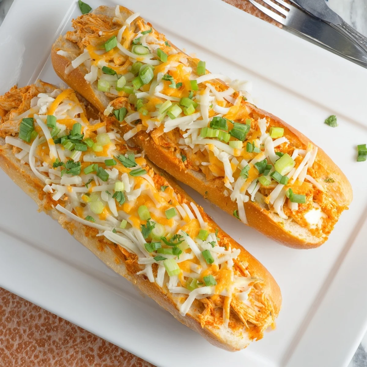 Golden-brown crispy French bread stuffed with spicy buffalo chicken and melted mozzarella and cheddar cheese, garnished with fresh green onions.